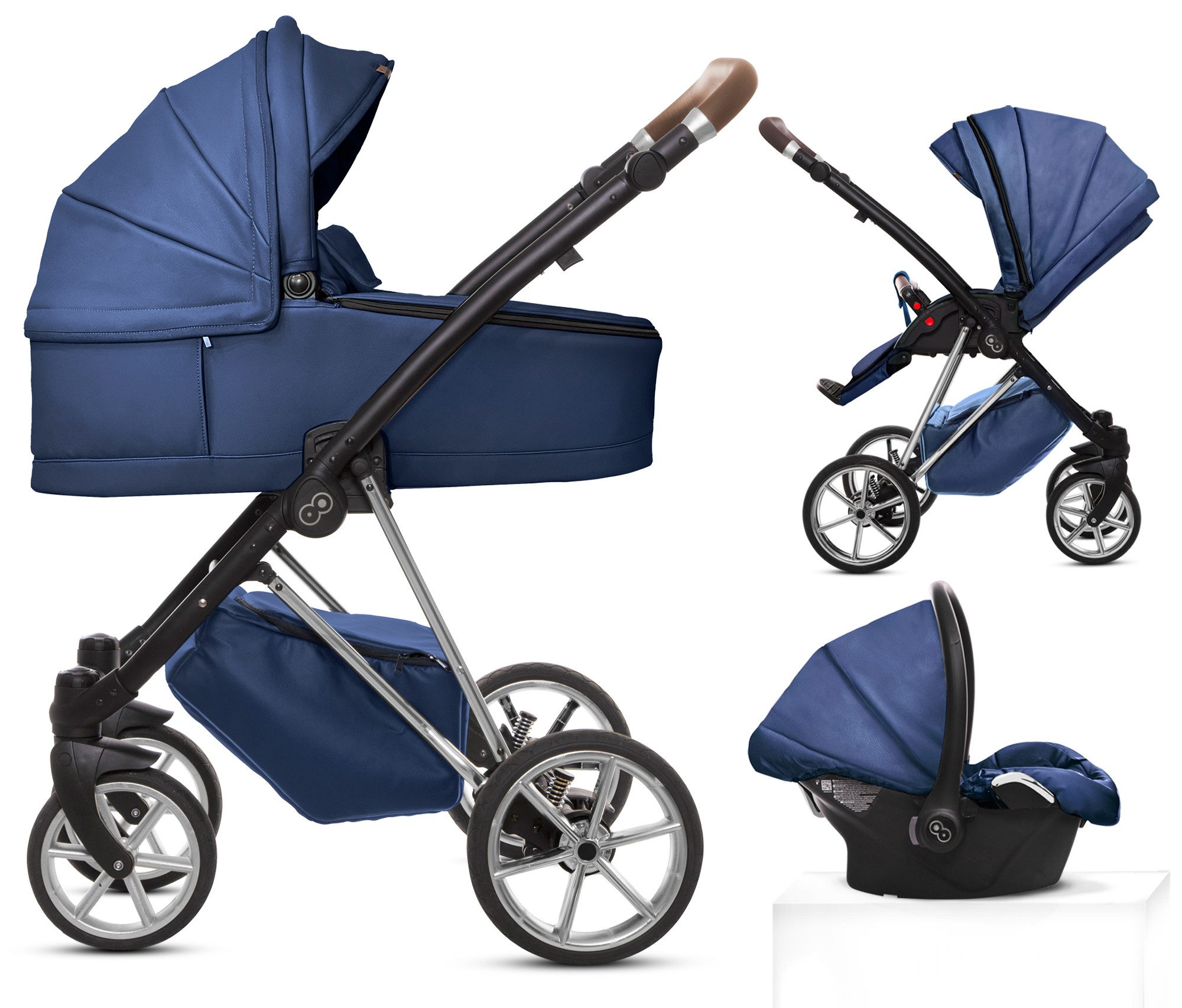 TPFFamily Kombi-Kinderwagen 3in1 Musse Royal, Baby Buggy Babywanne 5-Punkt-Sicherheitsgurt, Zubehör-Set Kinderwagen 3 in 1 Kunstleder Blau, Gestell Silber
