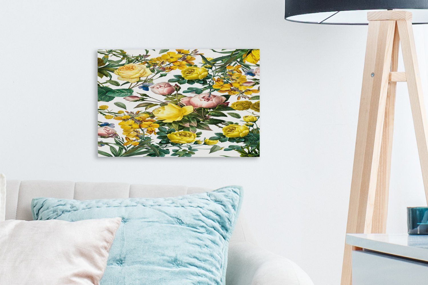 OneMillionCanvasses® Leinwandbild Blumen - Gelb Wandbild Leinwandbilder, Wanddeko, - St), Aufhängefertig, Schmetterling, 30x20 (1 cm