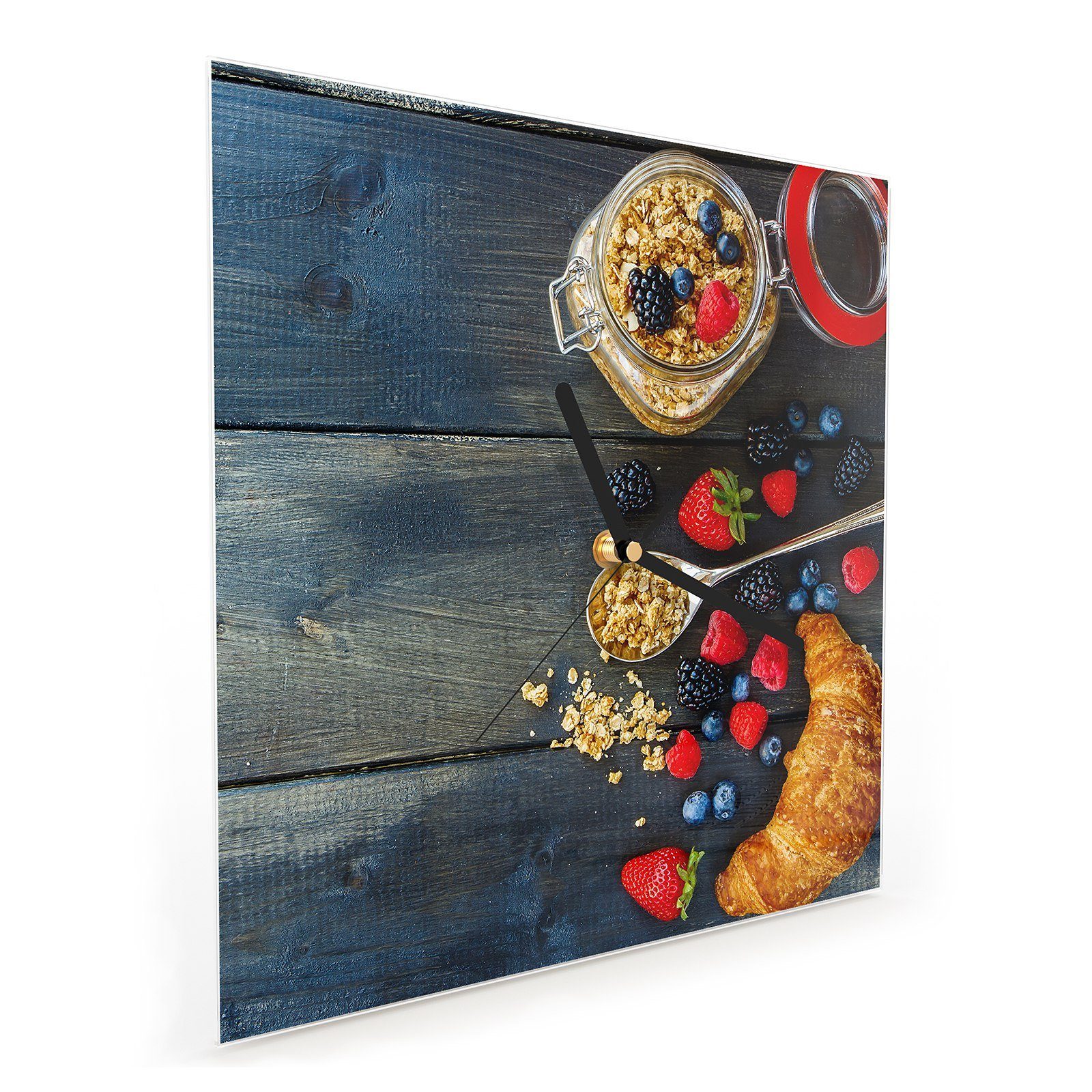 x Wanduhr Primedeco Wandkunst Motiv und Croissant 30 30 mit Beeren frische Wanduhr Glasuhr cm Größe