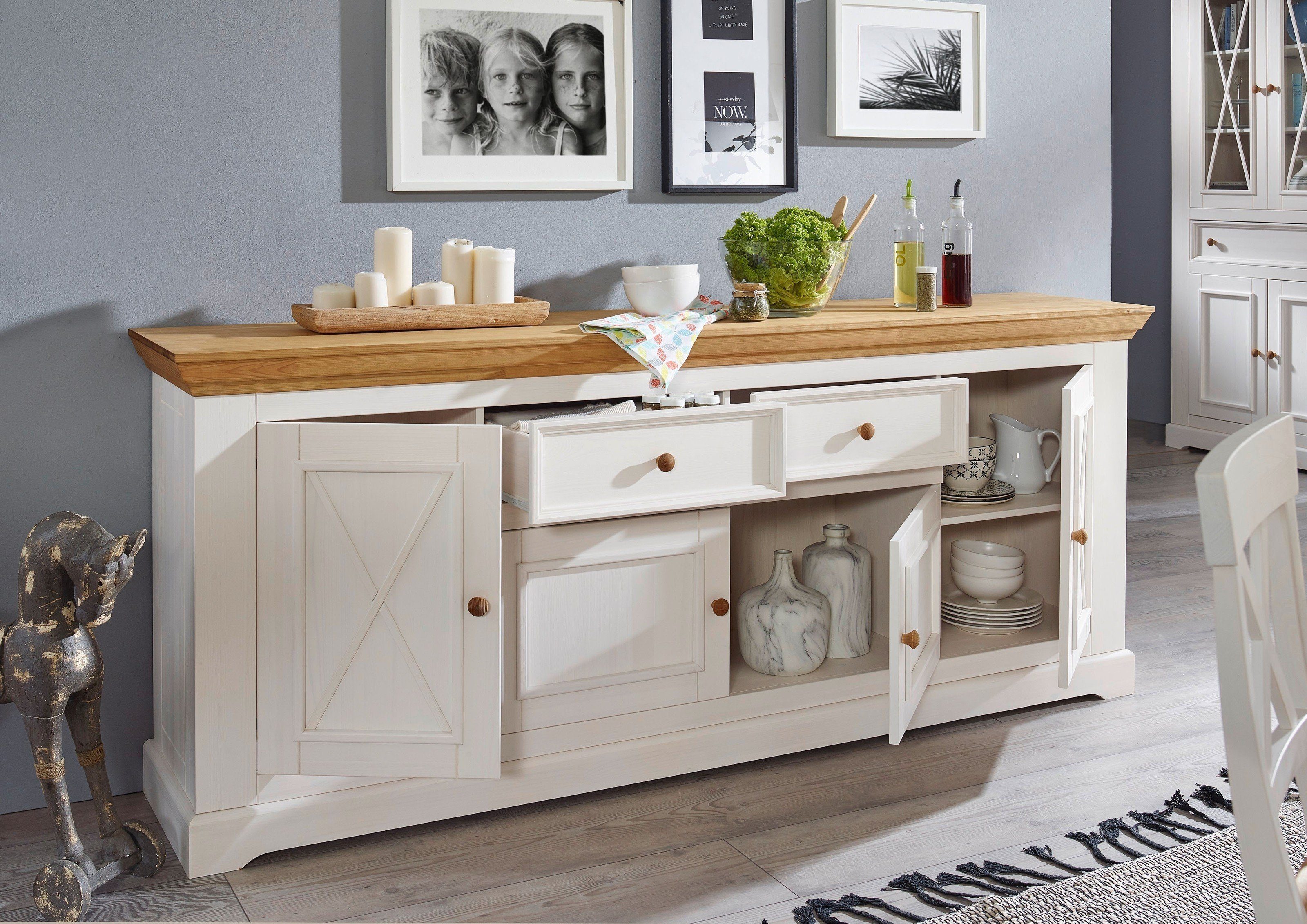 Lebenswert Sideboard WZ-0133, aus Kiefer massiv in weiß mit einer Schublade und 4 Türen