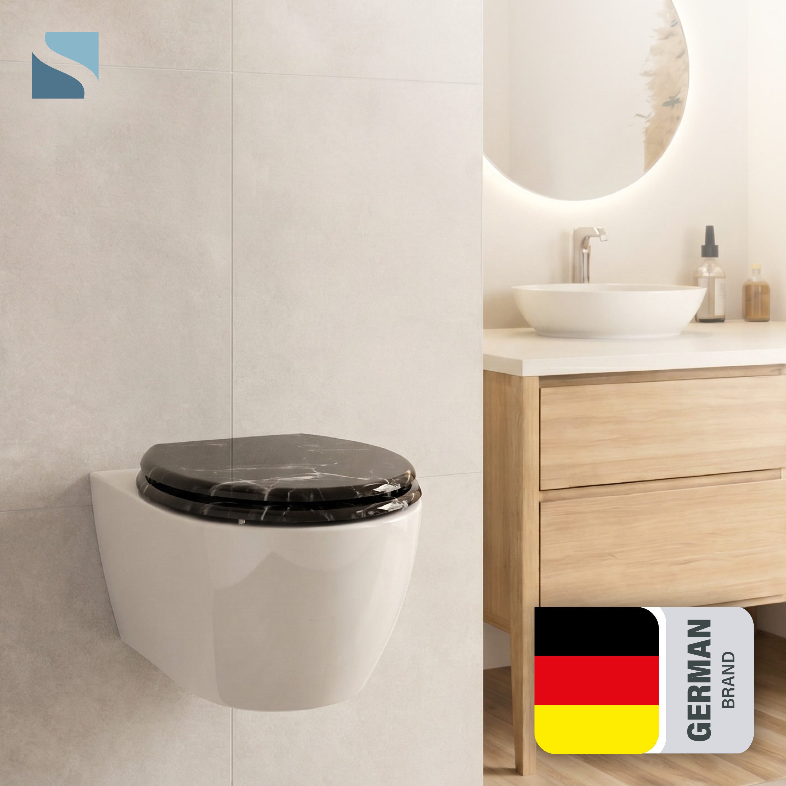 Schütte WC-Sitz MARMOR BLACK, Toilettendeckel, Absenkautomatik, stabiles MDF, O-Form, Motiv, 175kg