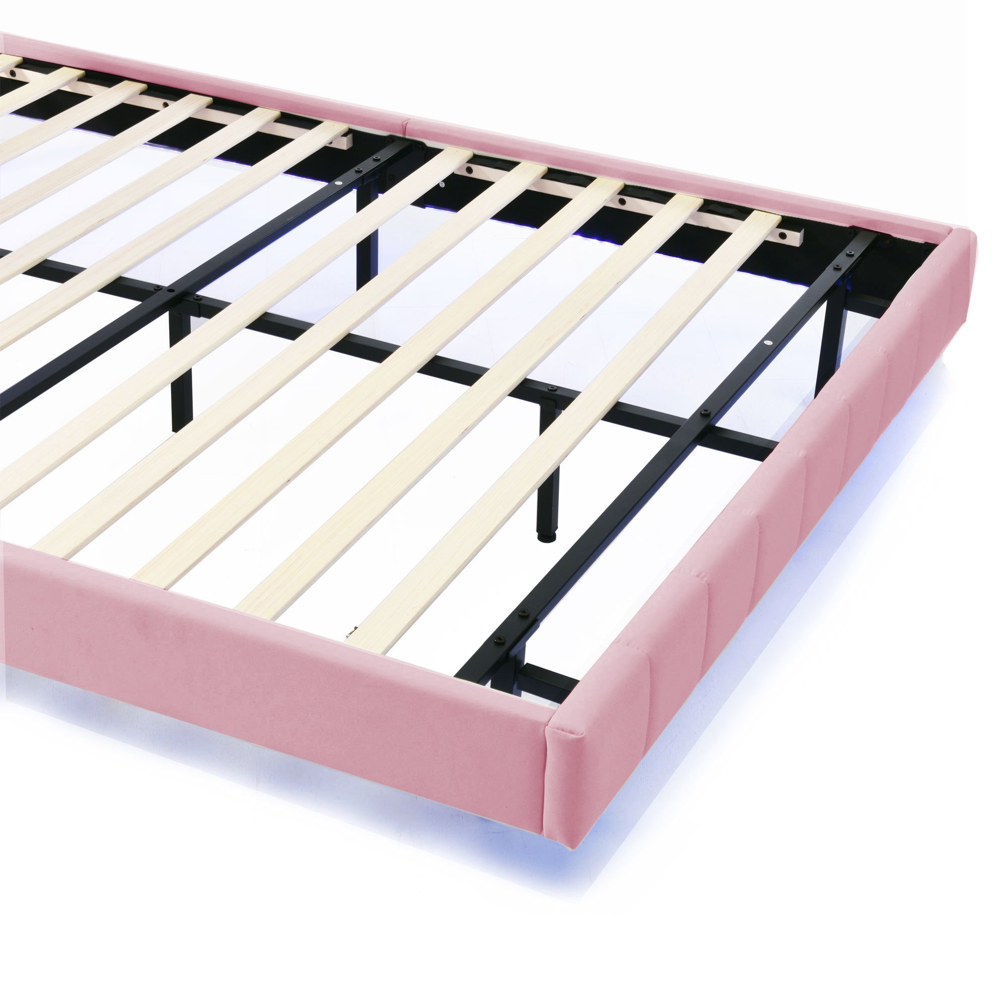 Polsterbett (LED Doppelbett), mit USB Ladefunktion und höhenverstellbarem Kopfteil 140x200cm, Leinen