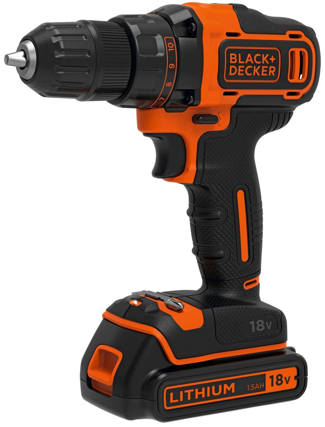 Black + Decker Akku-Bohrschrauber BDCDD186K, max. 1400 U/min, (Set, 4-tlg), inkl. Akku, Ladegerät, 1x Doppelbit, Koffer