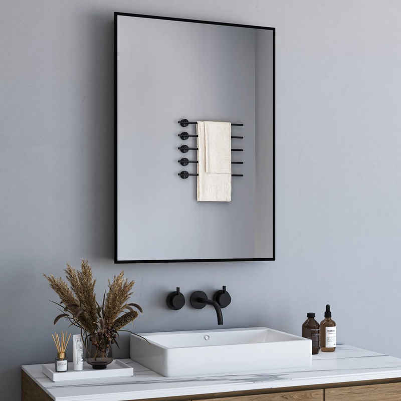 GOEZES Badspiegel Schwarz 50x70 80x60 100x60 Wandspiegel Schwarz eckig Metall Rahmen (Spiegel Bad Badezimmer, ohne beleuchtung), Vertikal Horizontal montierbar, mit explosionsgeschützte membran