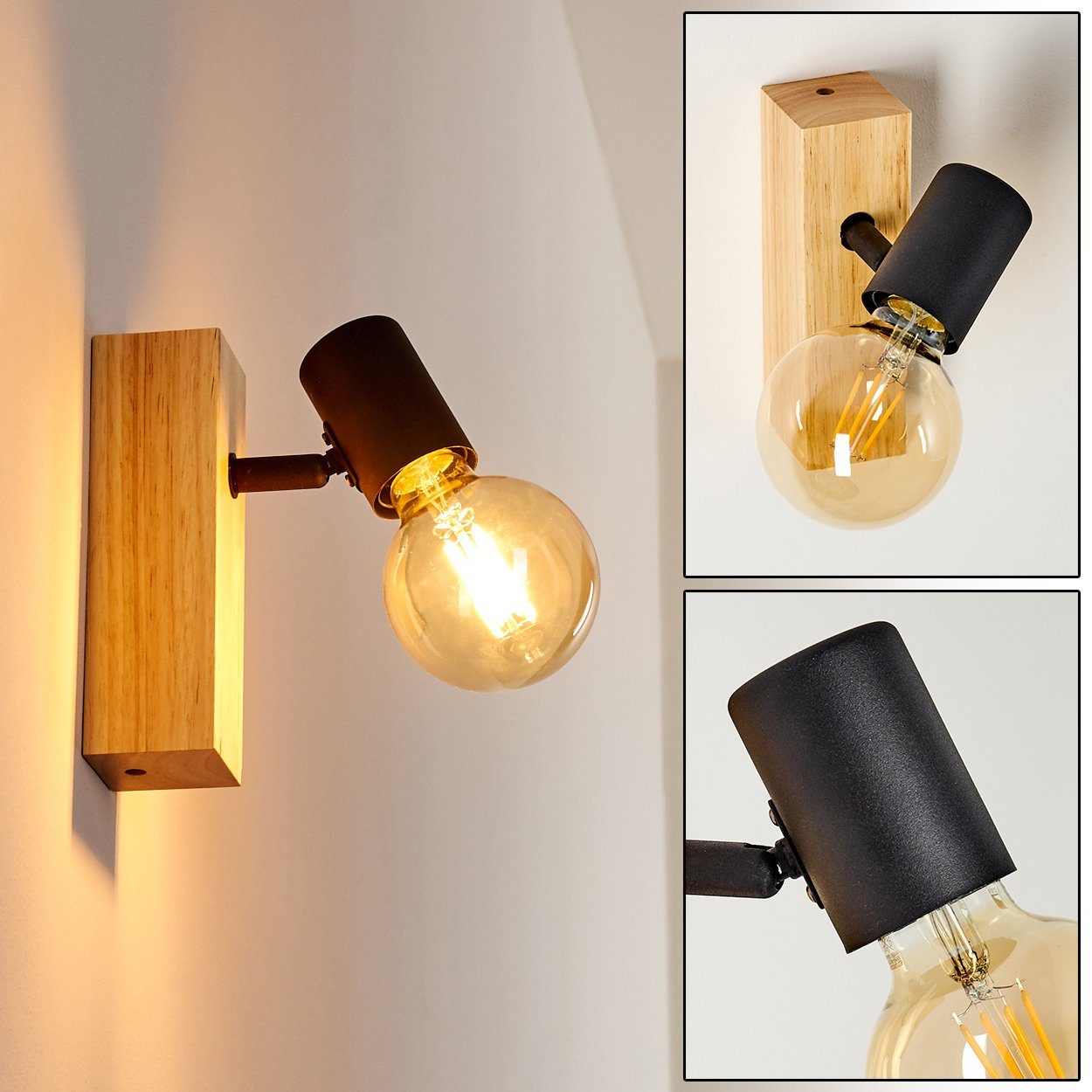 hofstein Wandleuchte Vintage Decken Lampen Flur Strahler schwarz/Holz Wohn günstig online kaufen