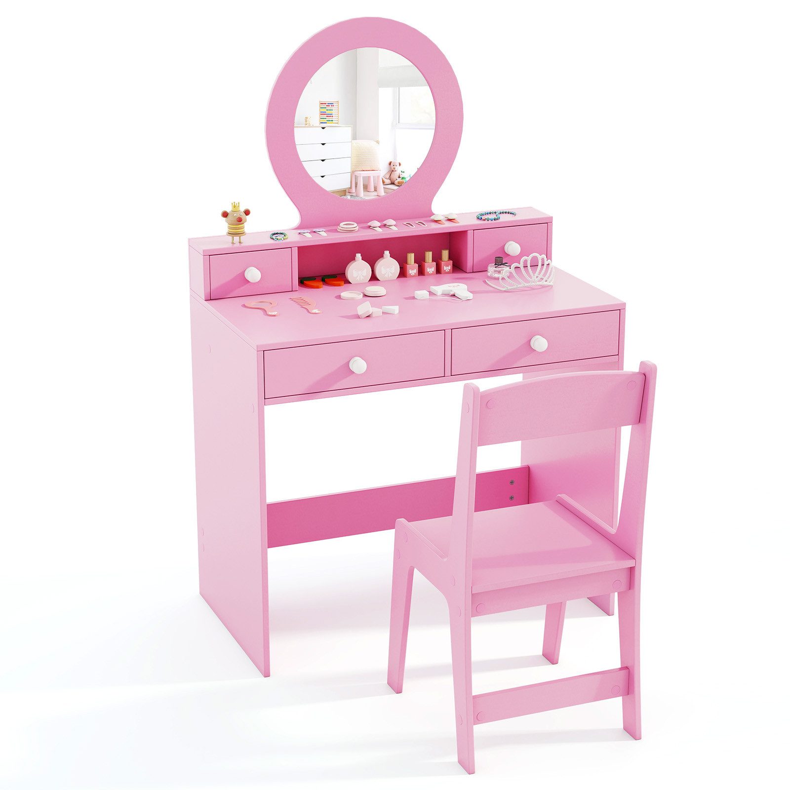 COSTWAY Schminktisch, Kinder Schminktisch mit Hocker