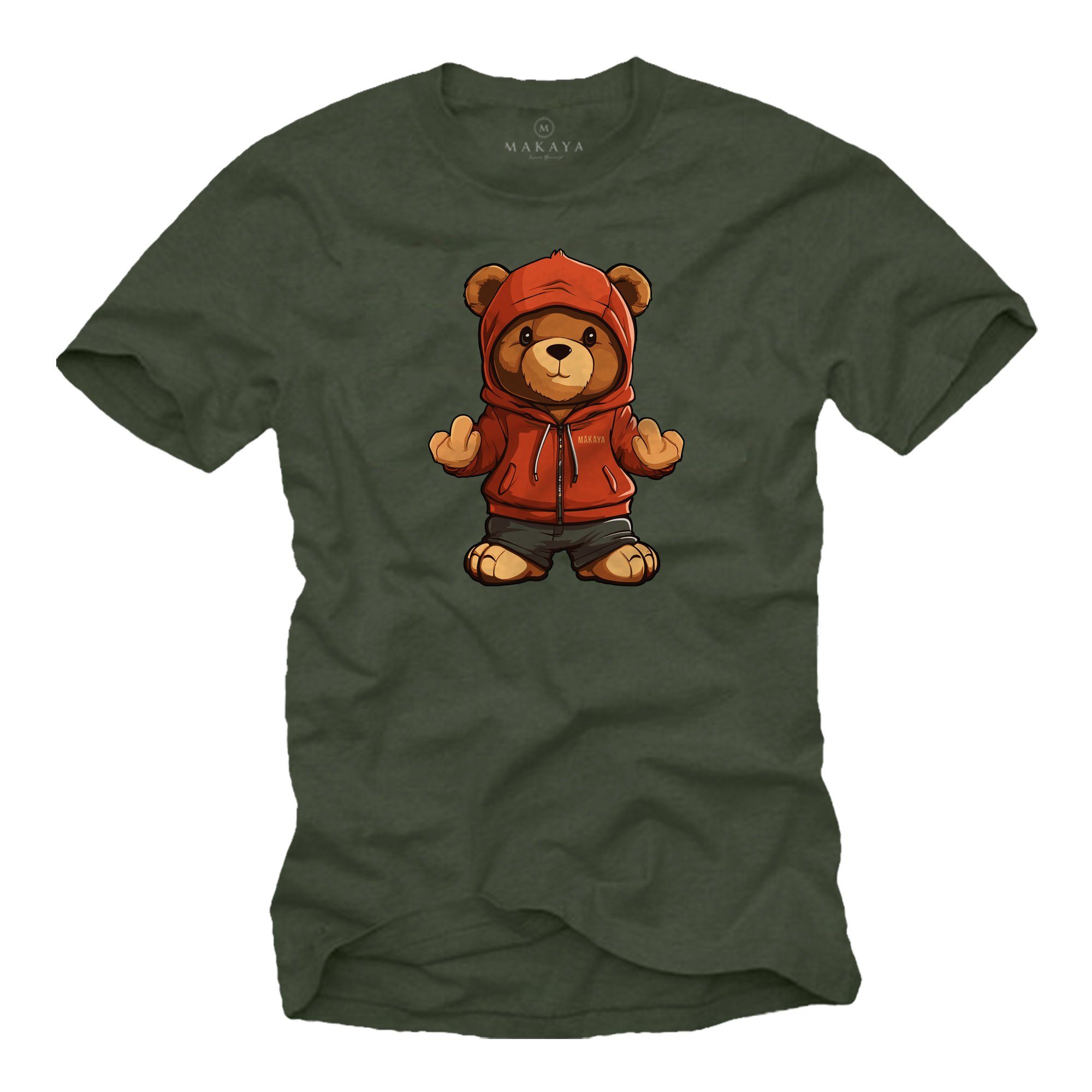 MAKAYA T-Shirt mit Teddy Herren Teddybär Jungs Jungen Jugendliche Teenager Print, Aufruck Grün