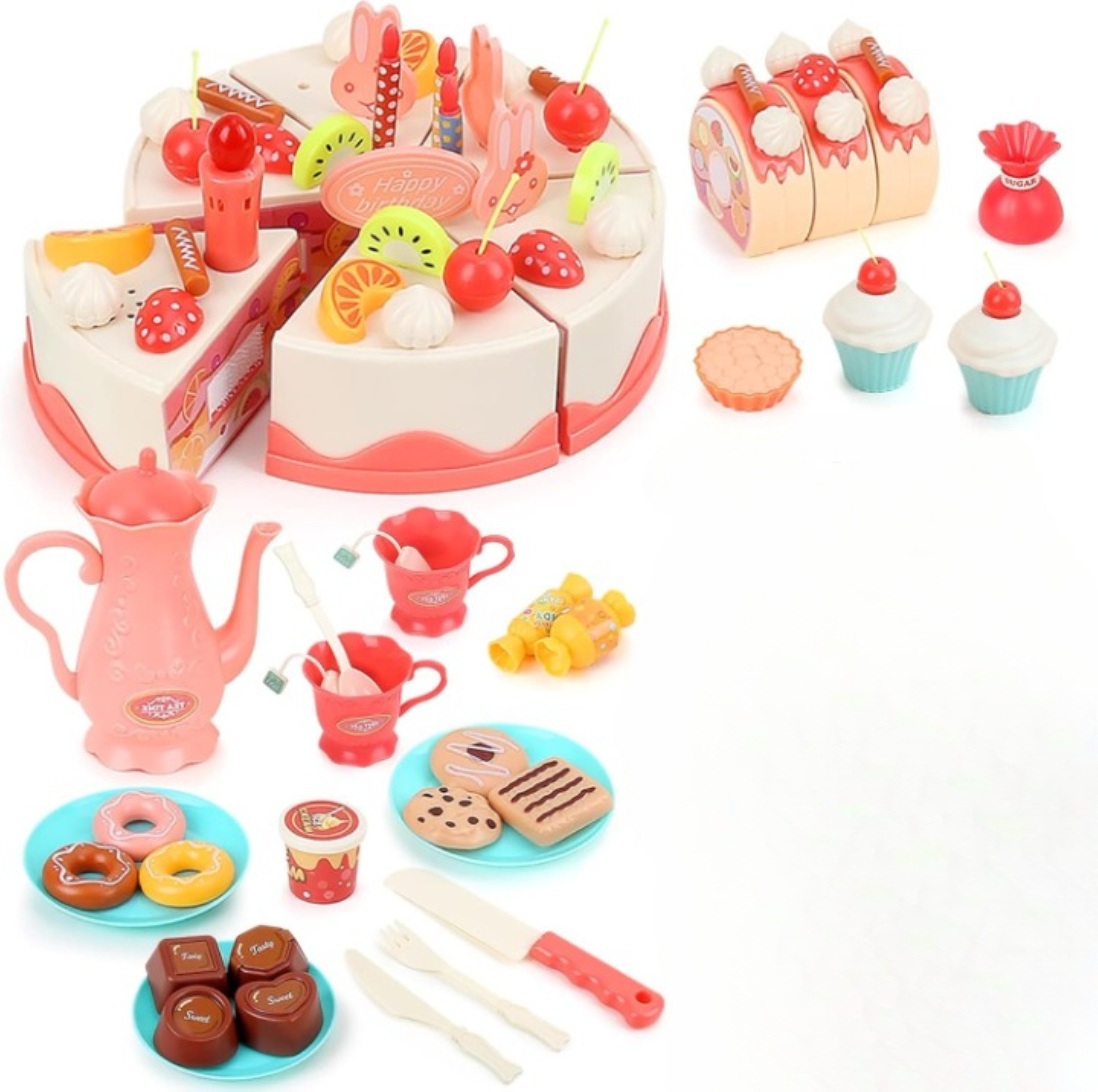 Kramow Spiellebensmittel 82-teiliges Geburtstags- und Kuchen-Set für Kinder ab 3 Jahren, (DIY-Kuchen- und Party-Set mit Musik für kreative Kinder, 82-tlg., 82-teiliges Kuchen-Dessert-Set für Rollenspiele und Geburtstagsfeiern), Mit 82 Teilen und „Happy Bi