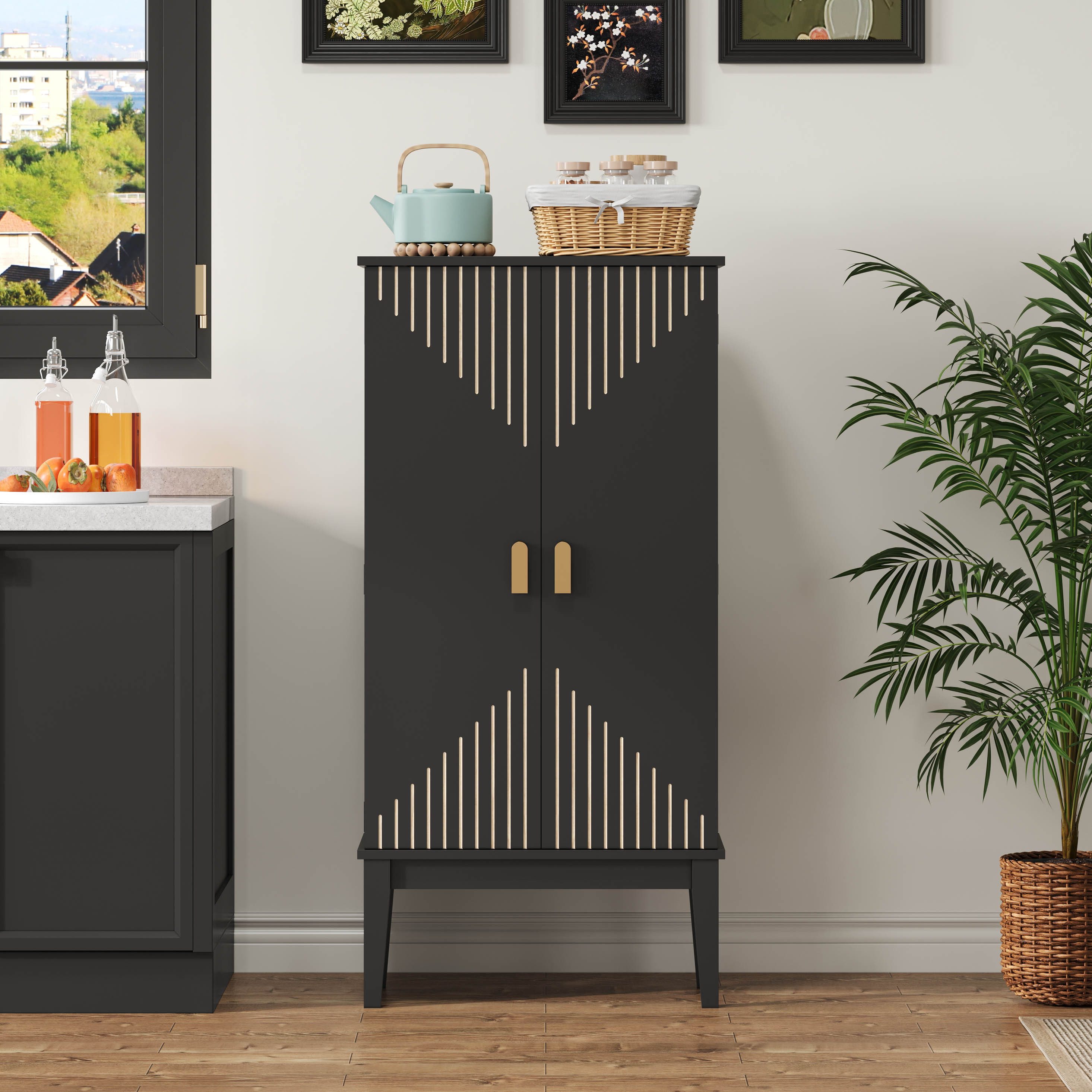 Celya Sideboard geräumiger Küchenschrank, 2-Tür-Aufbewahrungsschrank mit Türablage (Vintage-Stil Aufbewahrungsschrank mit Fünf Regalfächer), geeignet für Küche, Esszimmer, Wohnzimmer und Flur