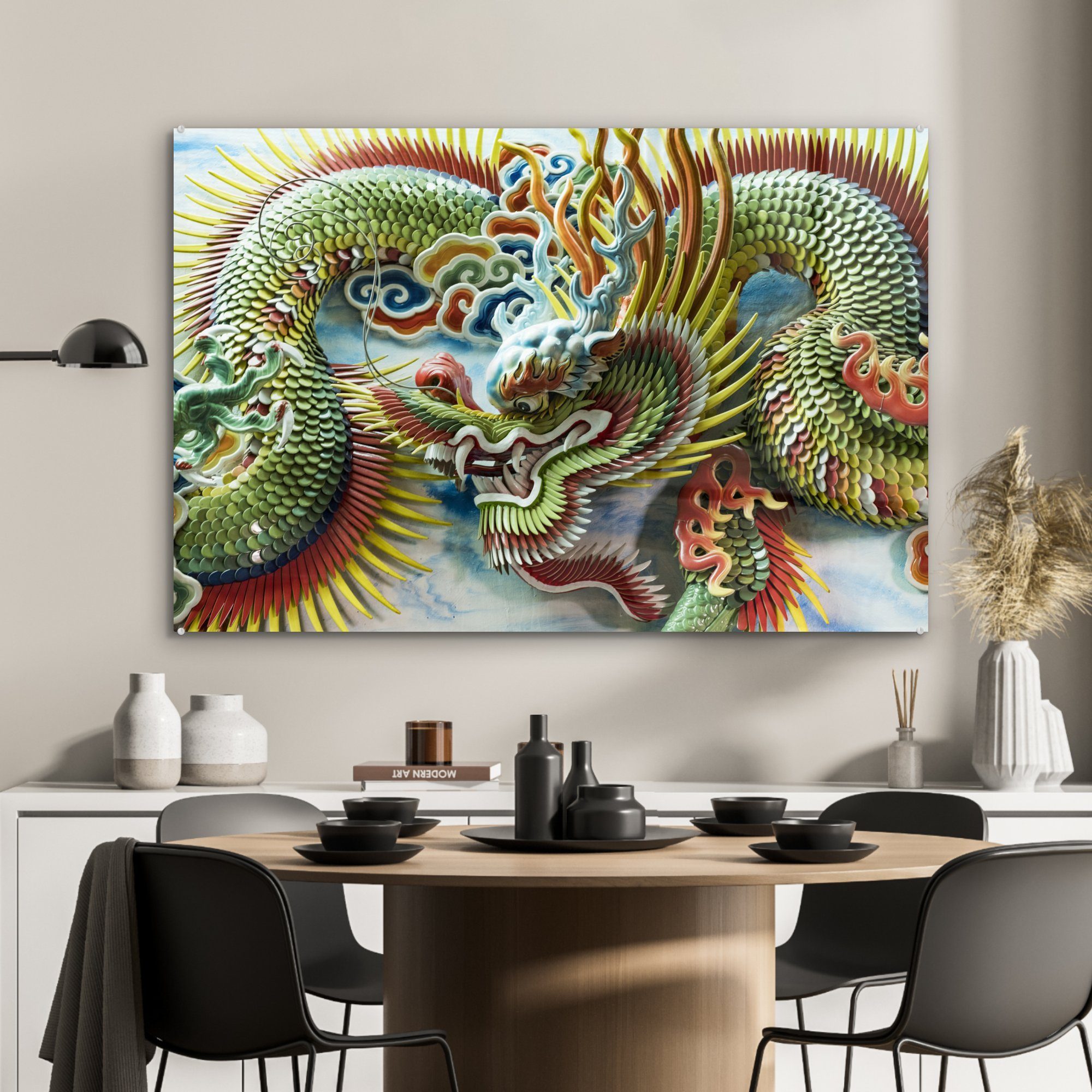 MuchoWow Wohnzimmer einem Drachen & St), chinesischen Acrylglasbilder von Dekoration farbigen (1 Schlafzimmer in Acrylglasbild Tempel,