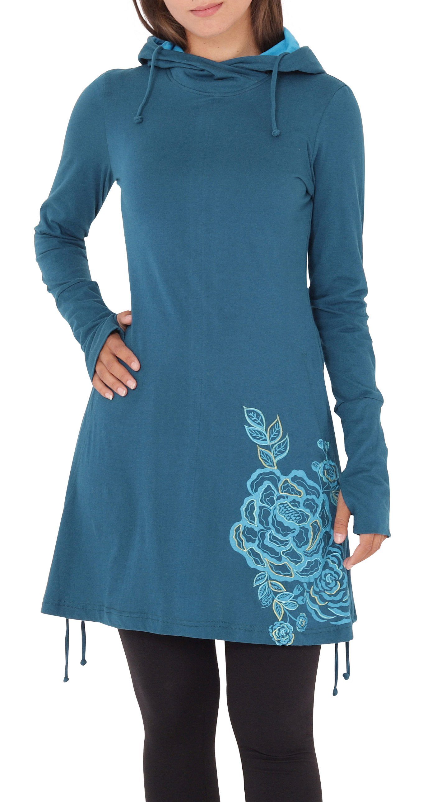 PUREWONDER A-Linien-Kleid Kapuzenkleid mit Blumen-Print dr132 Jersey Blau