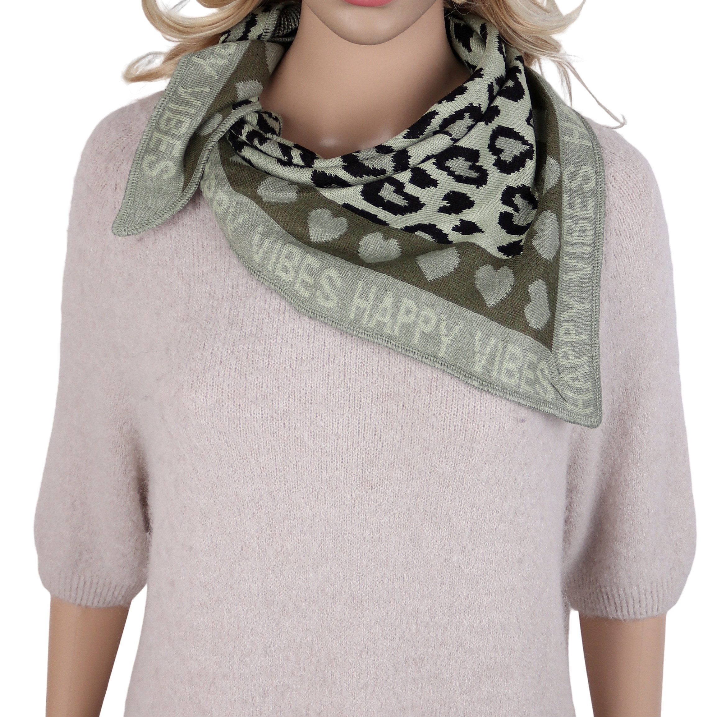 MIRROSI Dreieckstuch weiches Halstuch Stricktuch 55x110 cm mit Leo-Print, Herzmuster, (Neue Kollektion Herbst/Winter 2026), HAPPY VIBES Schriftzug, 65% Baumwolle und 35% Viskose