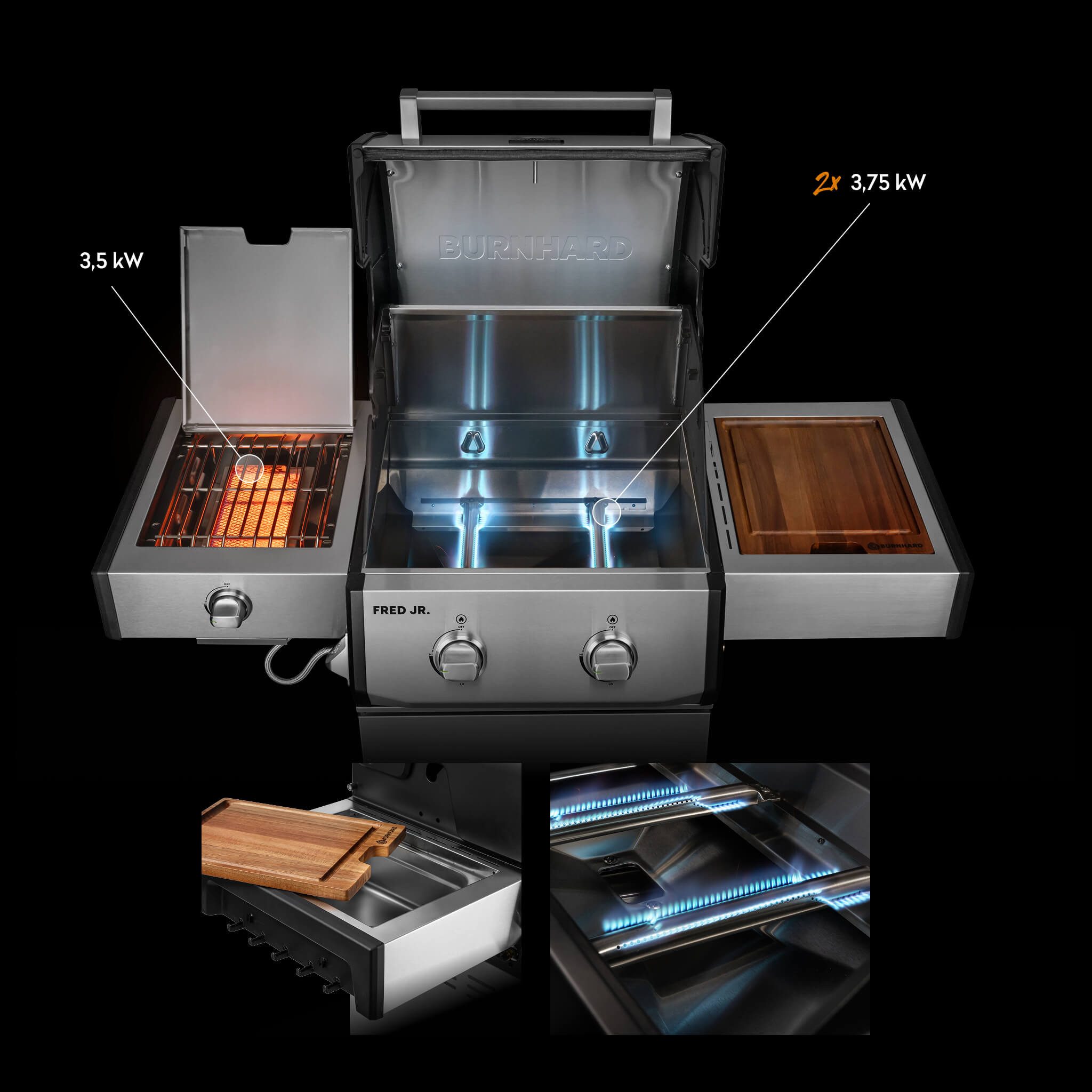 BURNHARD® Gasgrill 2-Brenner, 2x Edelstahl-Stabbrenner à 3,75 kW, Infrarot-Keramikbrenner, Seitentisch, Gussrost, Piezo-Zündung, kompakt, für 5 Personen – FRED Jr. Deluxe