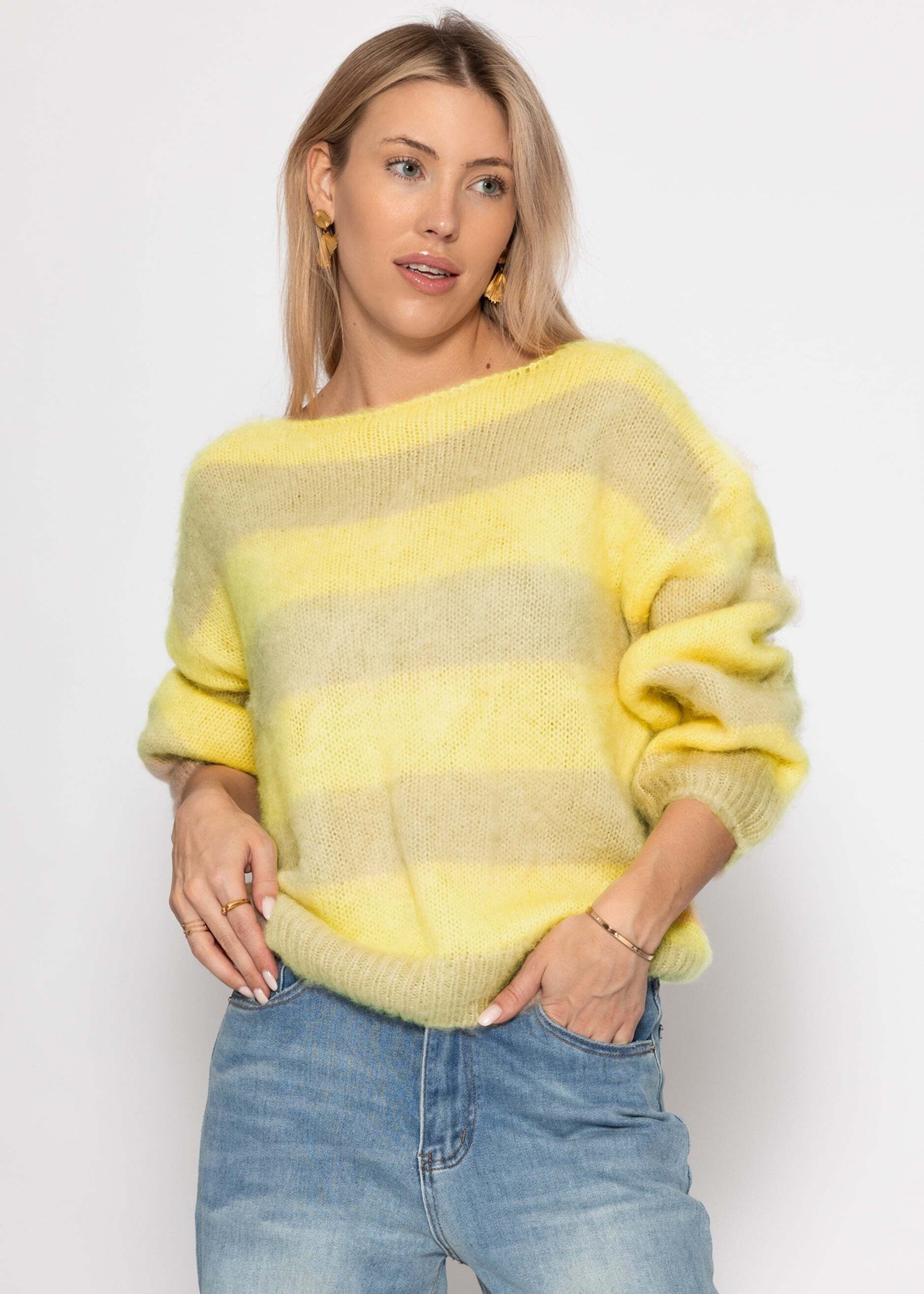 SASSYCLASSY Strickpullover Gestreifter Pullover für Damen Weicher Strickpullover mit U-Boot Ausschnitt und Strukturmix