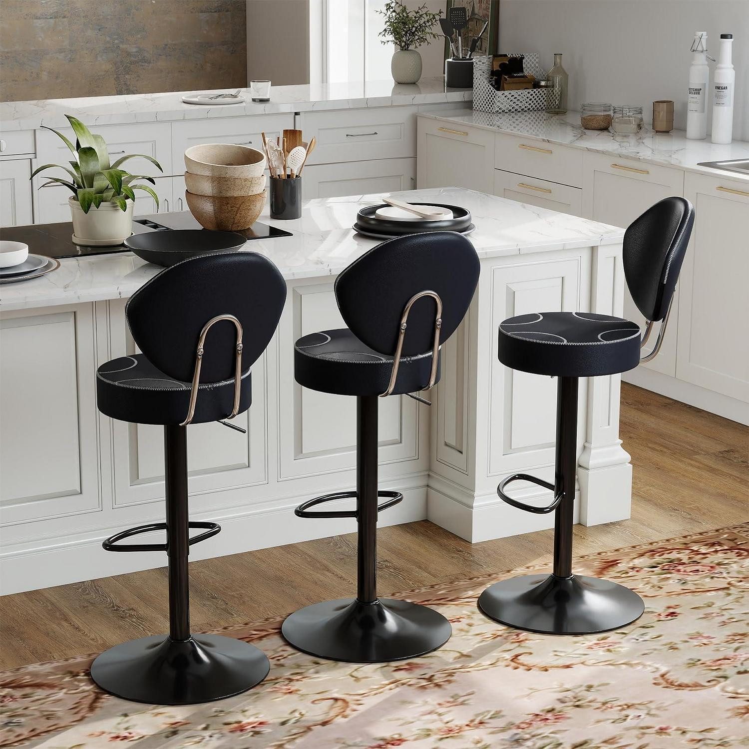 Barhocker Barhocker 3er 360 Rückenlehne Kunstleder Schwarz 3er-Set
