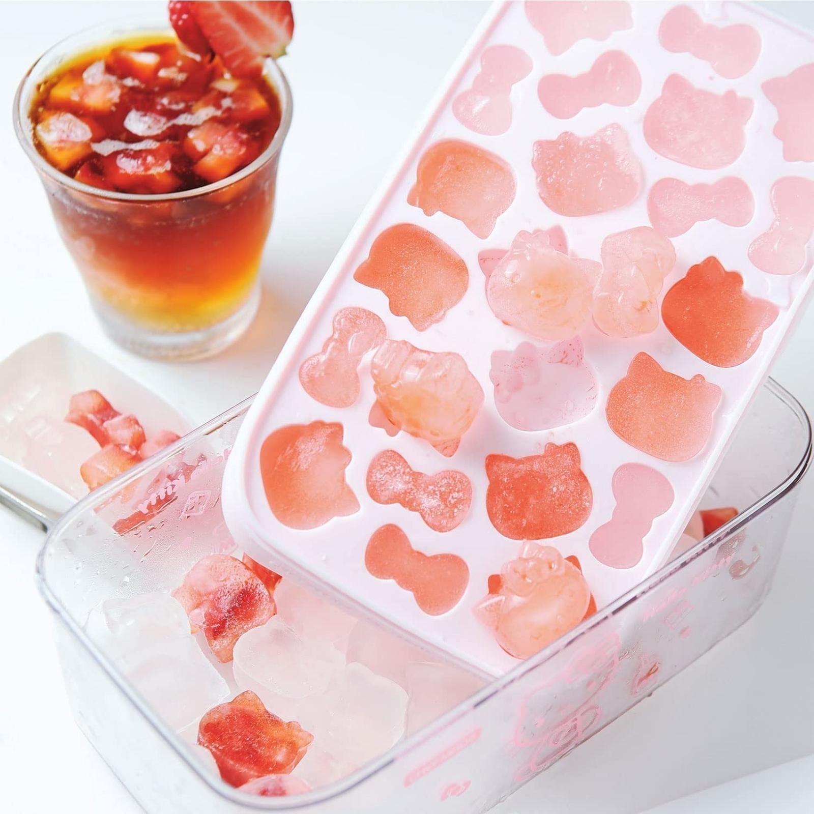 pink-weiß, Chefmade Silikon - mit Silikon Aufbewahrungsbox KITTY, Eisschaufel, Eiswürfelform Eisform und Aufbewahrungsbox Eiswürfelform Eiswürfelbereiter Deckel Eiswürfelbereiter), Eiswürfelform 220x140x110, HELLO Eisschaufel, mit (CHEFMADE,