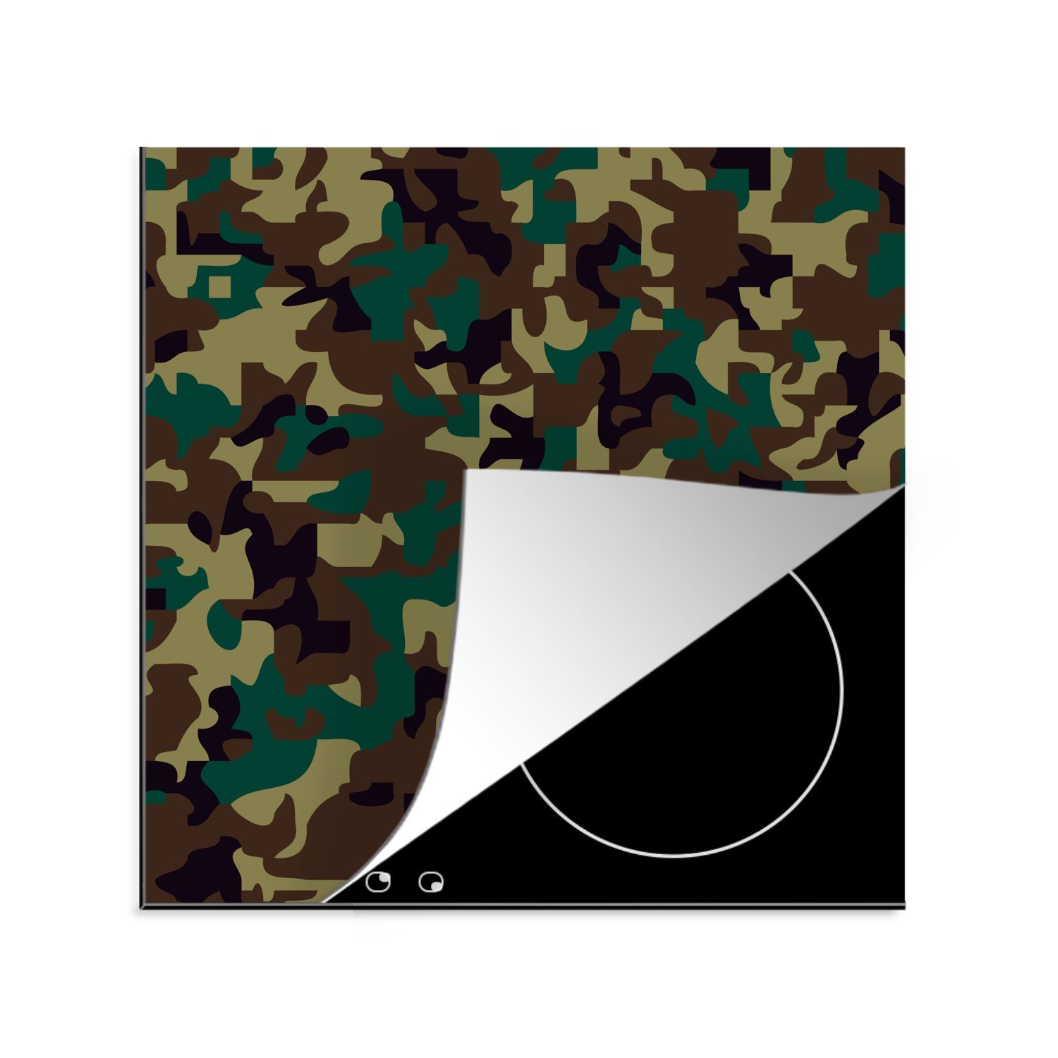 MuchoWow Herdblende-/Abdeckplatte Camouflage-Muster mit dunklen Farben, Vinyl, (1 tlg), 78x78 cm, Ceranfeldabdeckung, Arbeitsplatte für küche