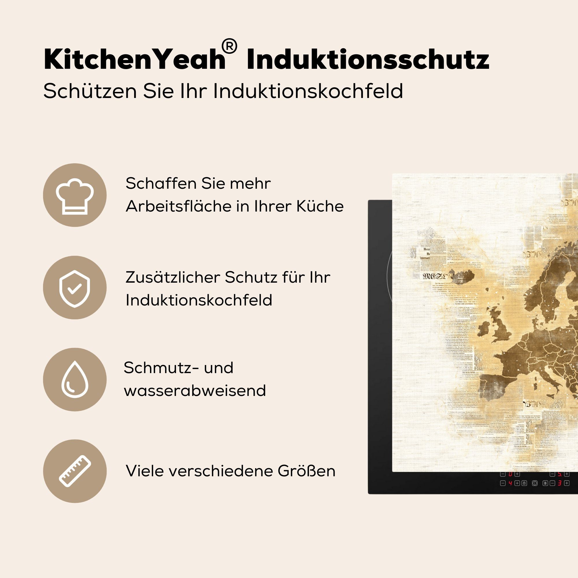 Herdblende-/Abdeckplatte - Europa - küche (1 Vinyl, Ceranfeldabdeckung, 78x78 Karten für - Papier cm, Arbeitsplatte MuchoWow Aquarell, tlg),