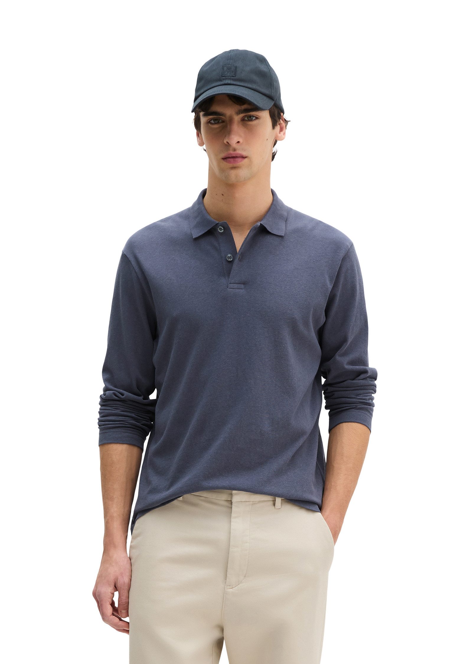 Marc O'Polo Langarm-Poloshirt aus Baumwoll-Leinen-Mix