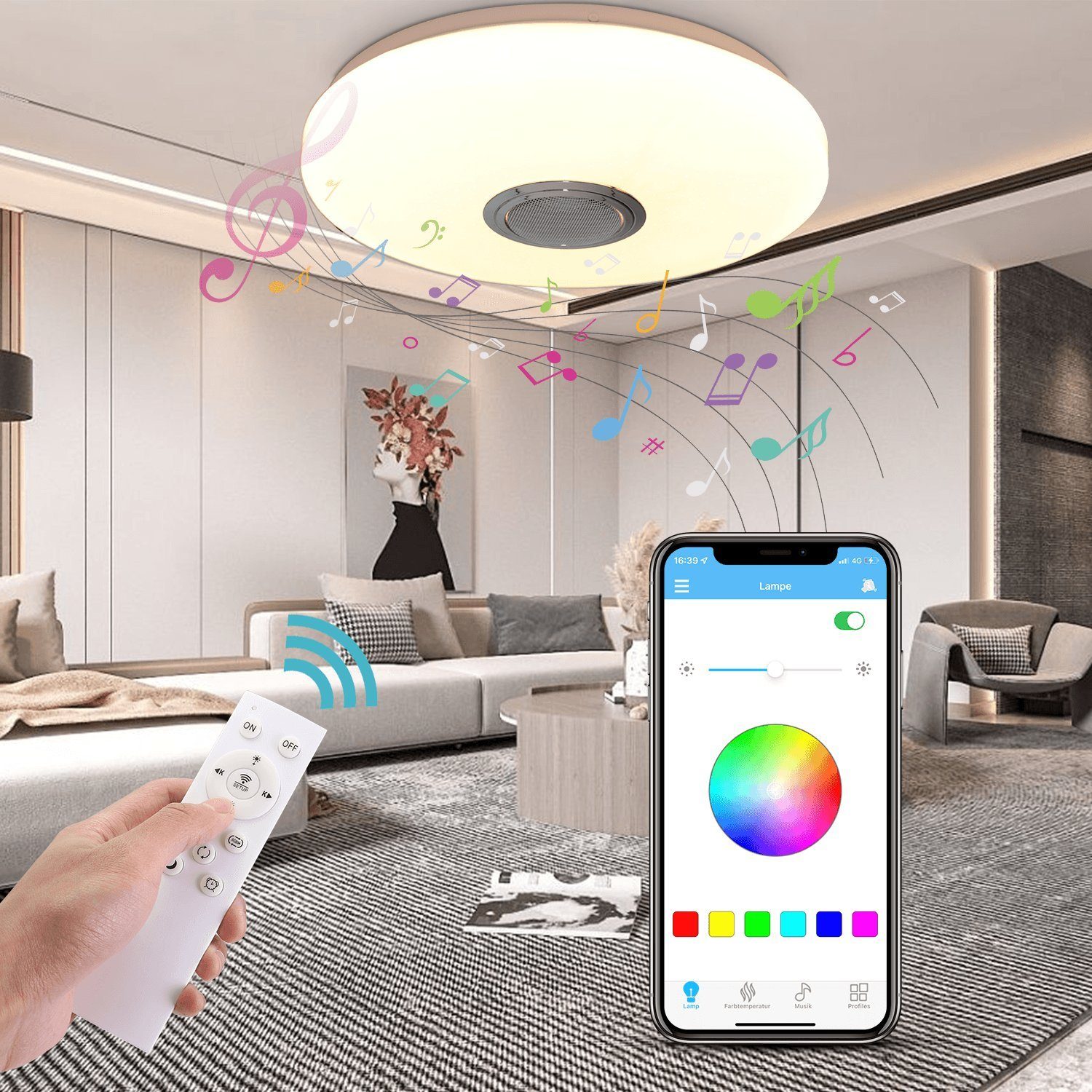 iscooter Deckenleuchte LED Deckenlampe, LED mit Lautsprecher RGB APP, RGB fest Musik 24W Deckenleuchte- Sternenhimmel RGB, 36W Dimmbar, LED Farbwechsel Panel integriert, Φ Deckenleuchte 33cm Bluetooth Tageslichtweiß