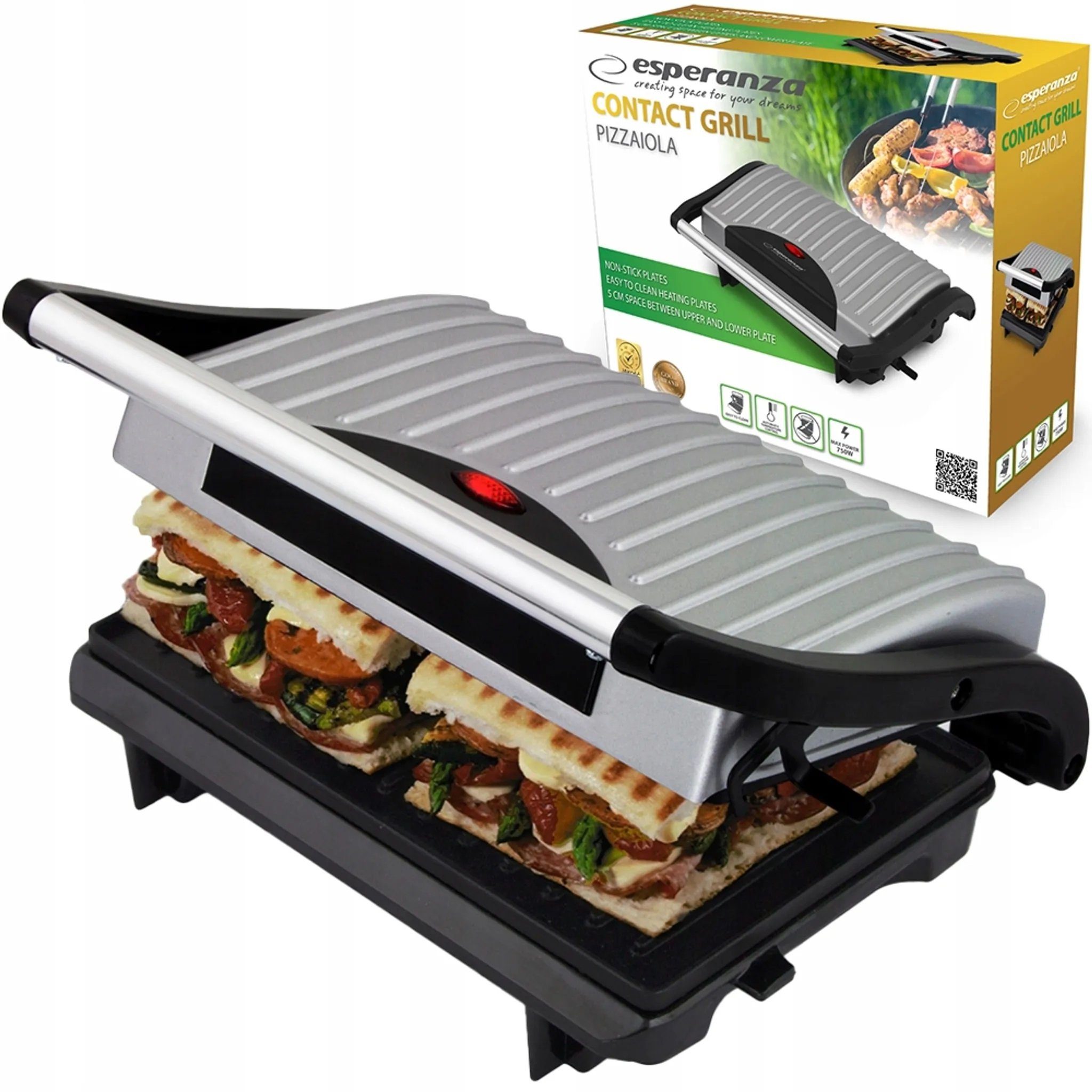 Esperanza Kontaktgrill Kontakt-Pizzagrill Tischgrill für Steak, Sandwich Panini Toaster, 750,00 W, Automatische Temperaturregelung & Antihaftbeschichtung