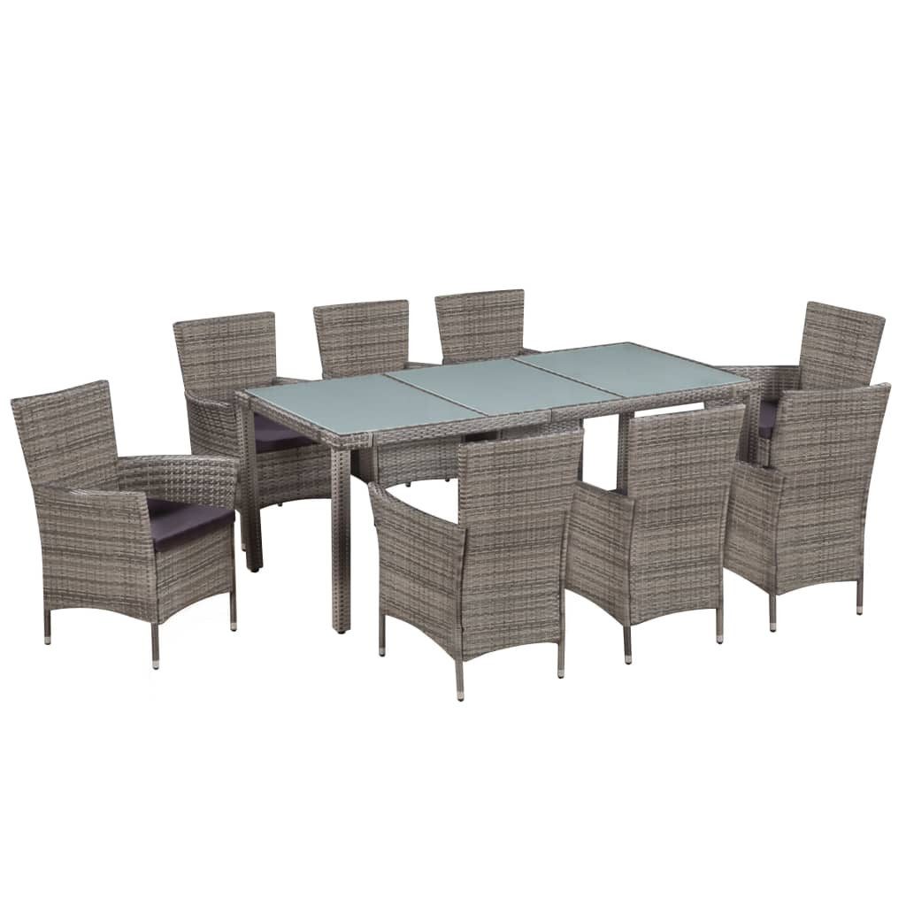 vidaXL Garten-Essgruppe 9-tlg. Garten-Essgruppe mit Auflagen Poly Rattan Grau, (8-tlg)