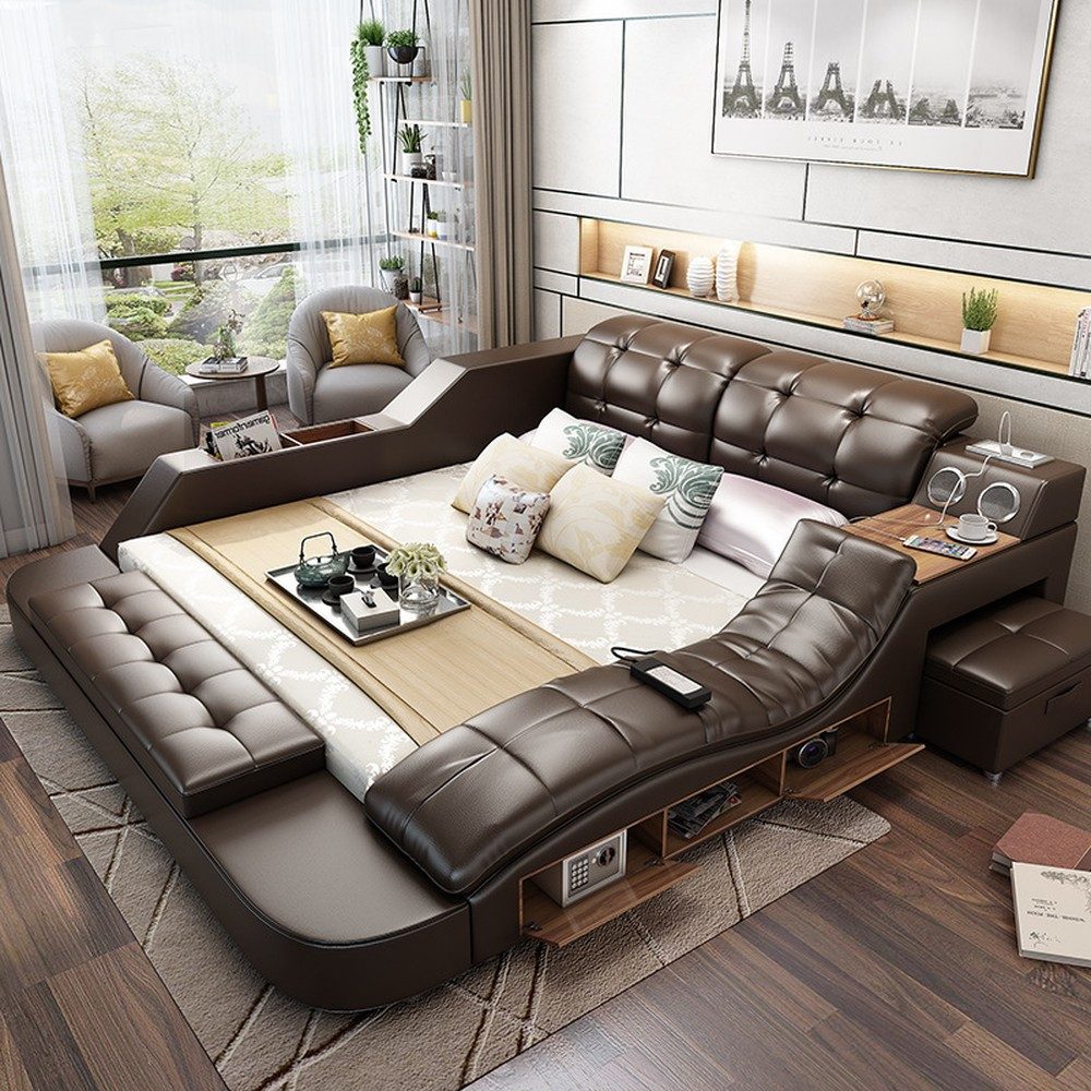 Xlmoebel Multimediabett Multifunktionsbett aus Leder mit Regal und USB-Anschlüssen (Multifunktionsbett, Multifunktions Bett), Hergestellt in Europa