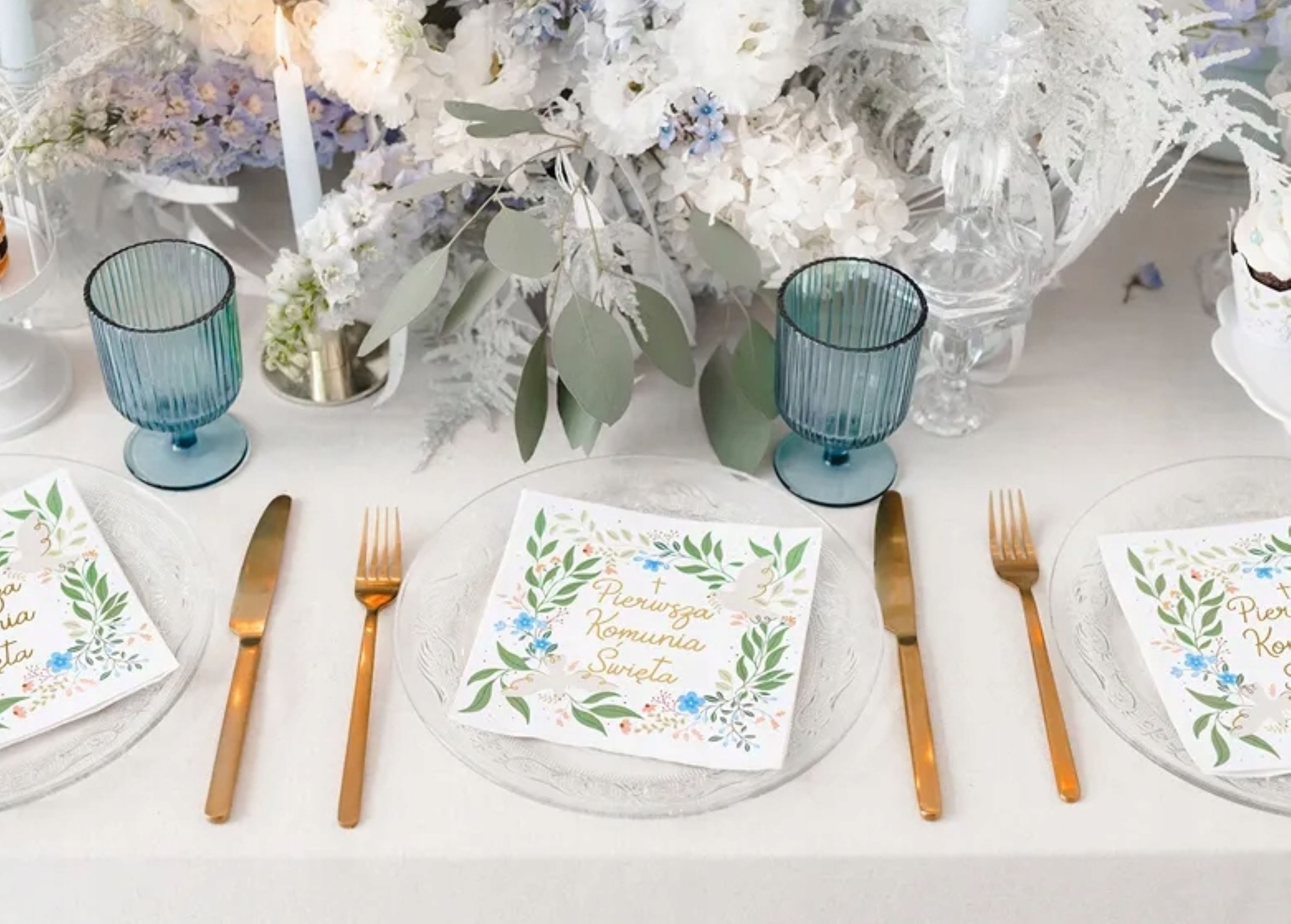 partydeco Papierserviette Elegante Servietten zur Erstkommunion mit Blumenmotiv, 33x33 cm