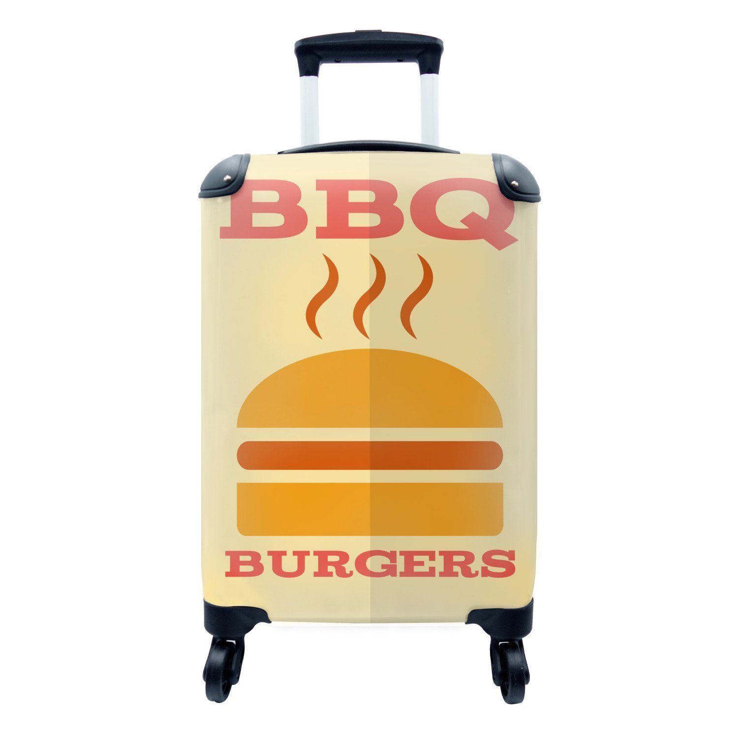 MuchoWow Handgepäckkoffer Barbecue Illustration mit einem Burger, 4 Rollen, Reisetasche mit rollen, Handgepäck für Ferien, Trolley, Reisekoffer