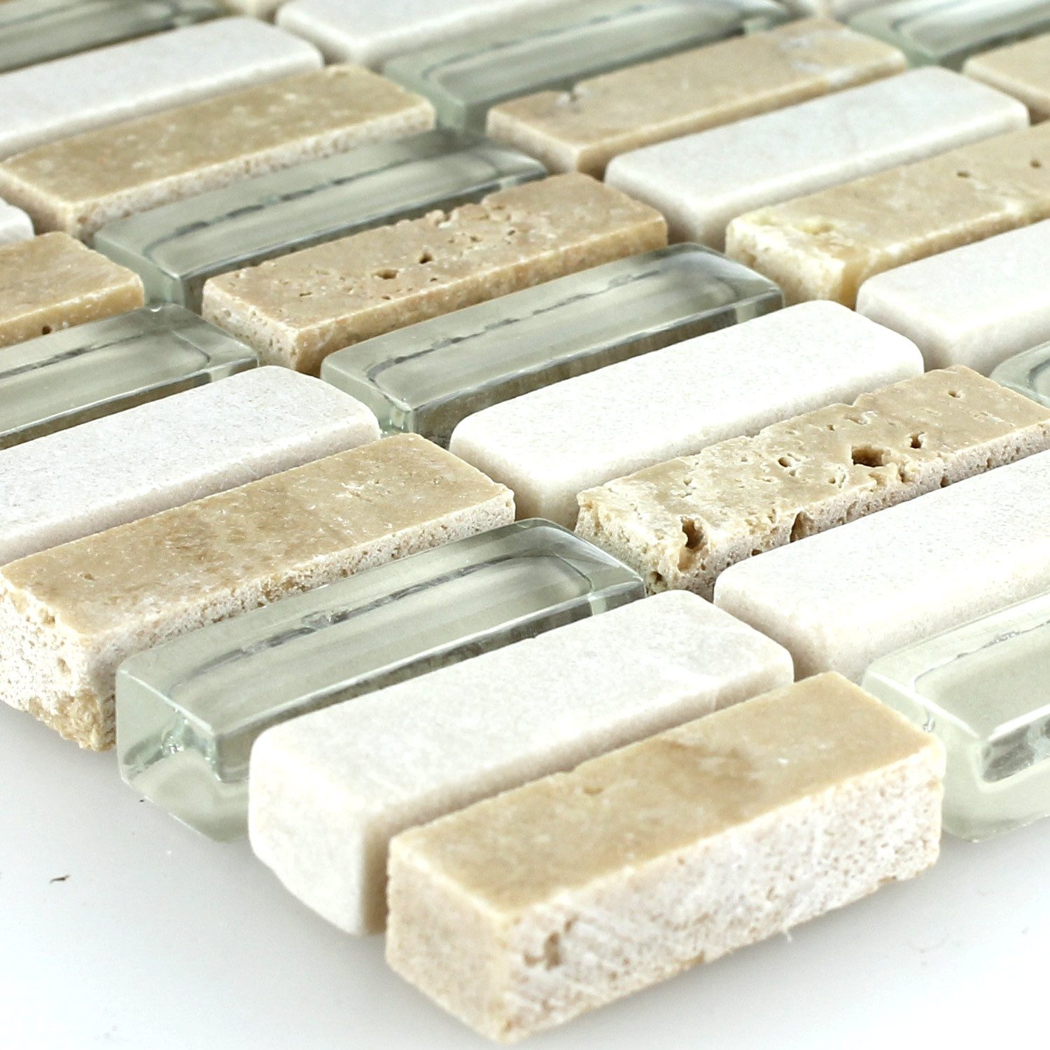 Mosafil Mosaikfliesen Mosaikfliesen Glas Marmor Beige Mix 10x30x8mm, Naturstein-Glas 31.800x31.300, weiß-beige-braun, Verlegefertig auf ein Netz geklebt - Frostsicher - Wasserfest