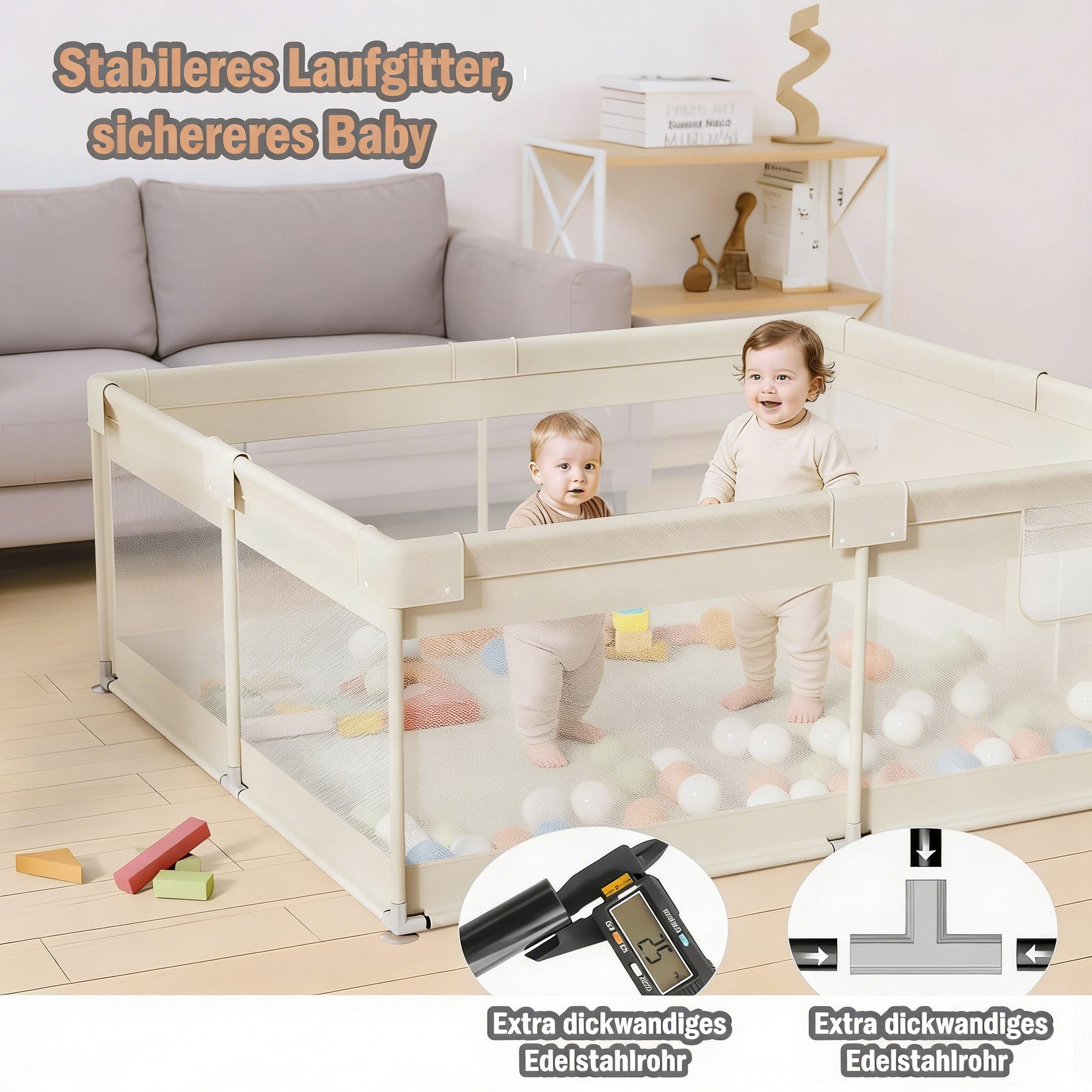 MC Star Laufstall Baby 175x150 cm – Großer Baby Laufgitter XXL (Sicherheitsspielplatz Kinder mit Netzdesign, ideal für den Innenbereich, Beige)