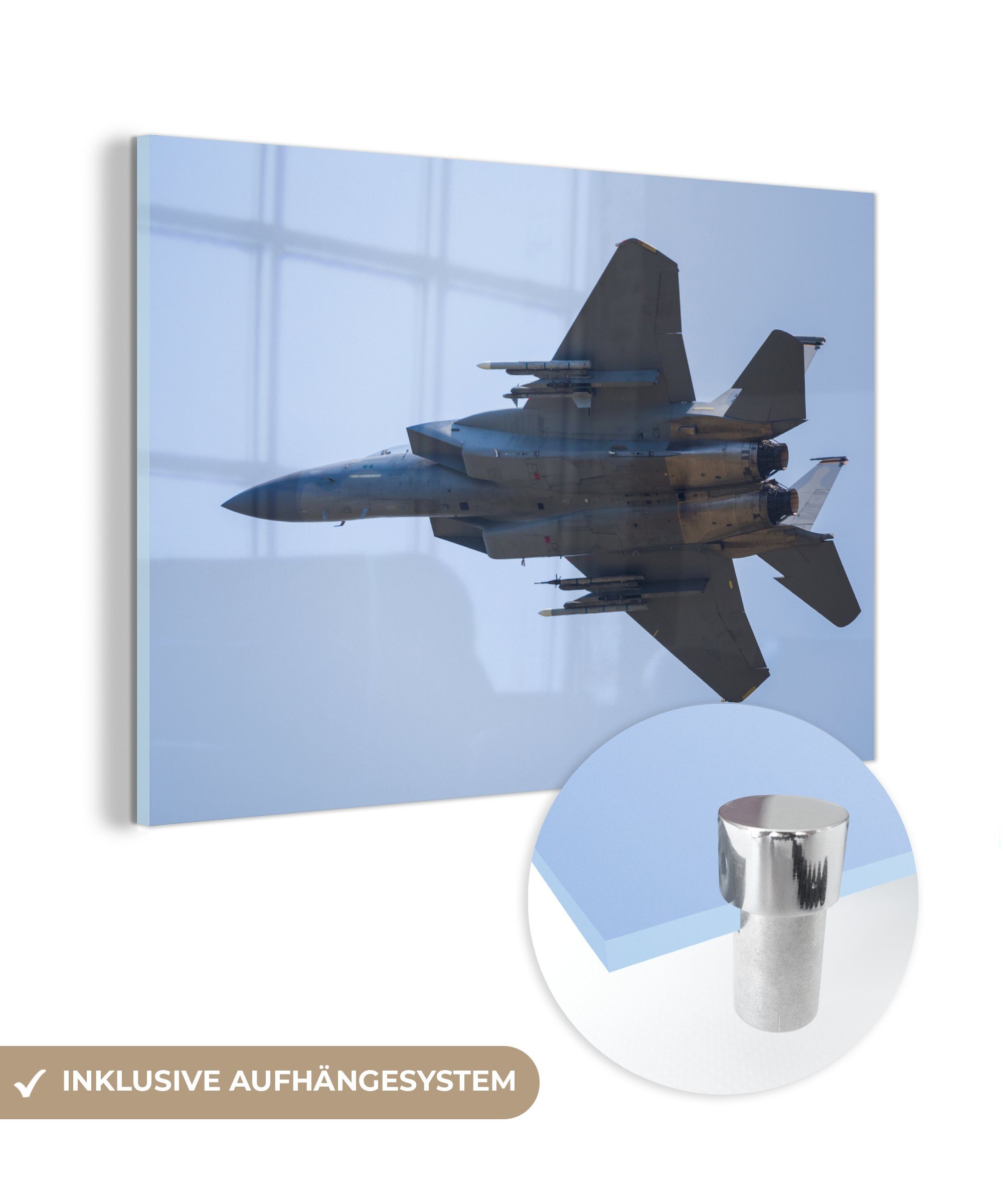 MuchoWow Acrylglasbild Ein weißes Kampfflugzeug am blauen Himmel, (1 St), Acrylglasbilder Wohnzimmer & Schlafzimmer