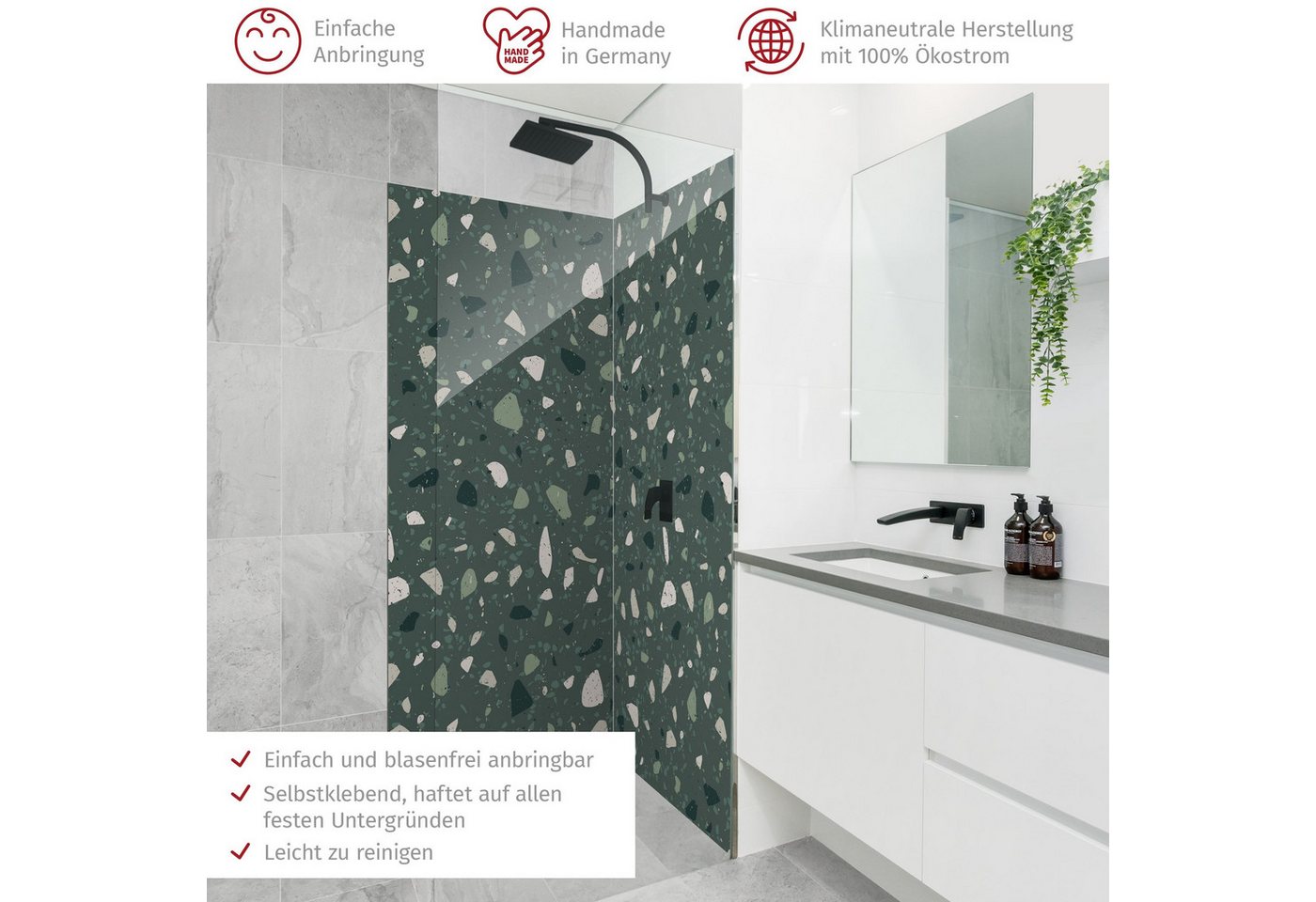 Thumbnail - Bilderdepot24 Badrückwand Muster grün Duschrückwand ohne Bohren Dusche, (2-tlg., Hart-Folie Smart matt 0,35 mm), fugenlo...