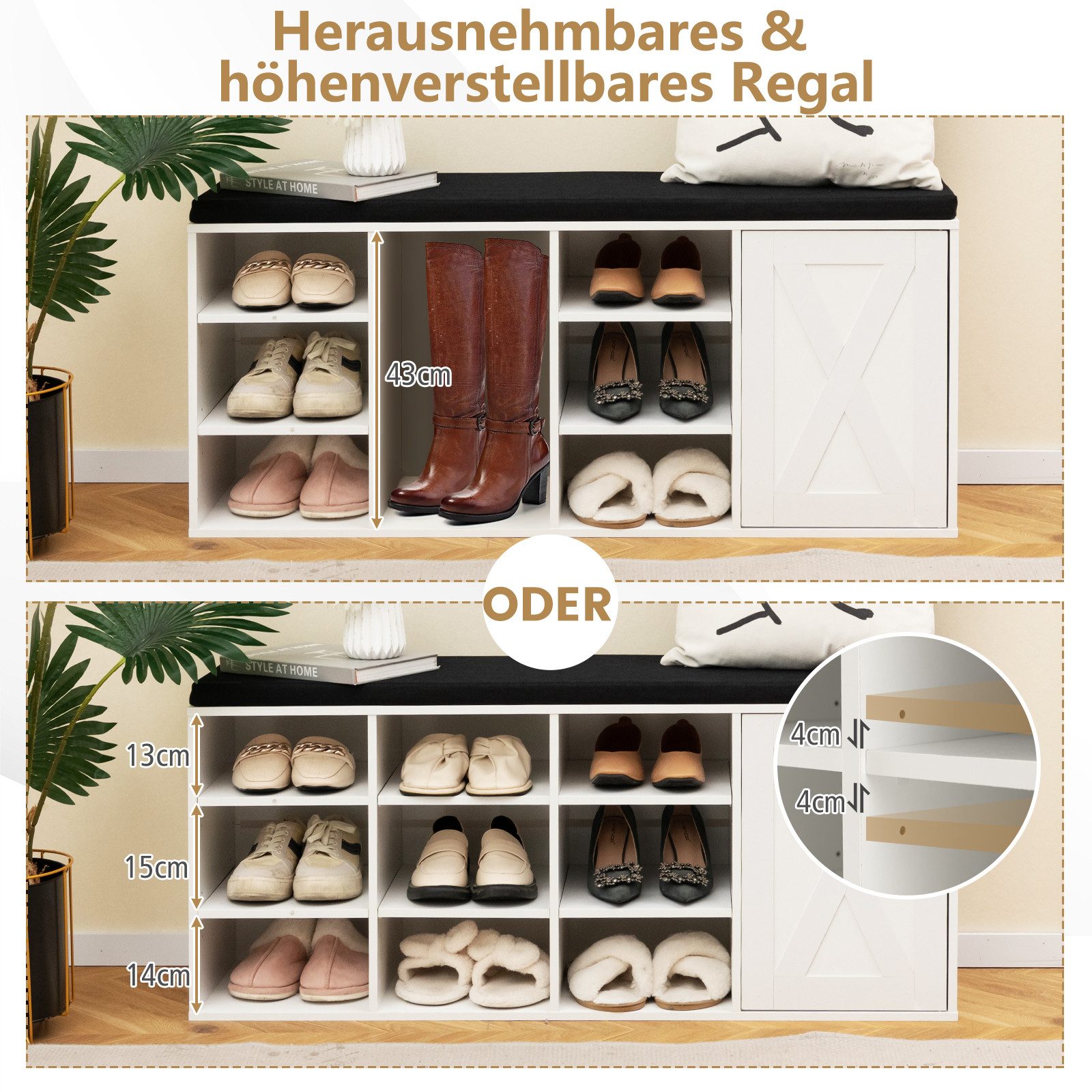 COSTWAY Schuhbank, mit Kissen & 9 Fächern, Schuhschrank für 9 Paar Schuhe