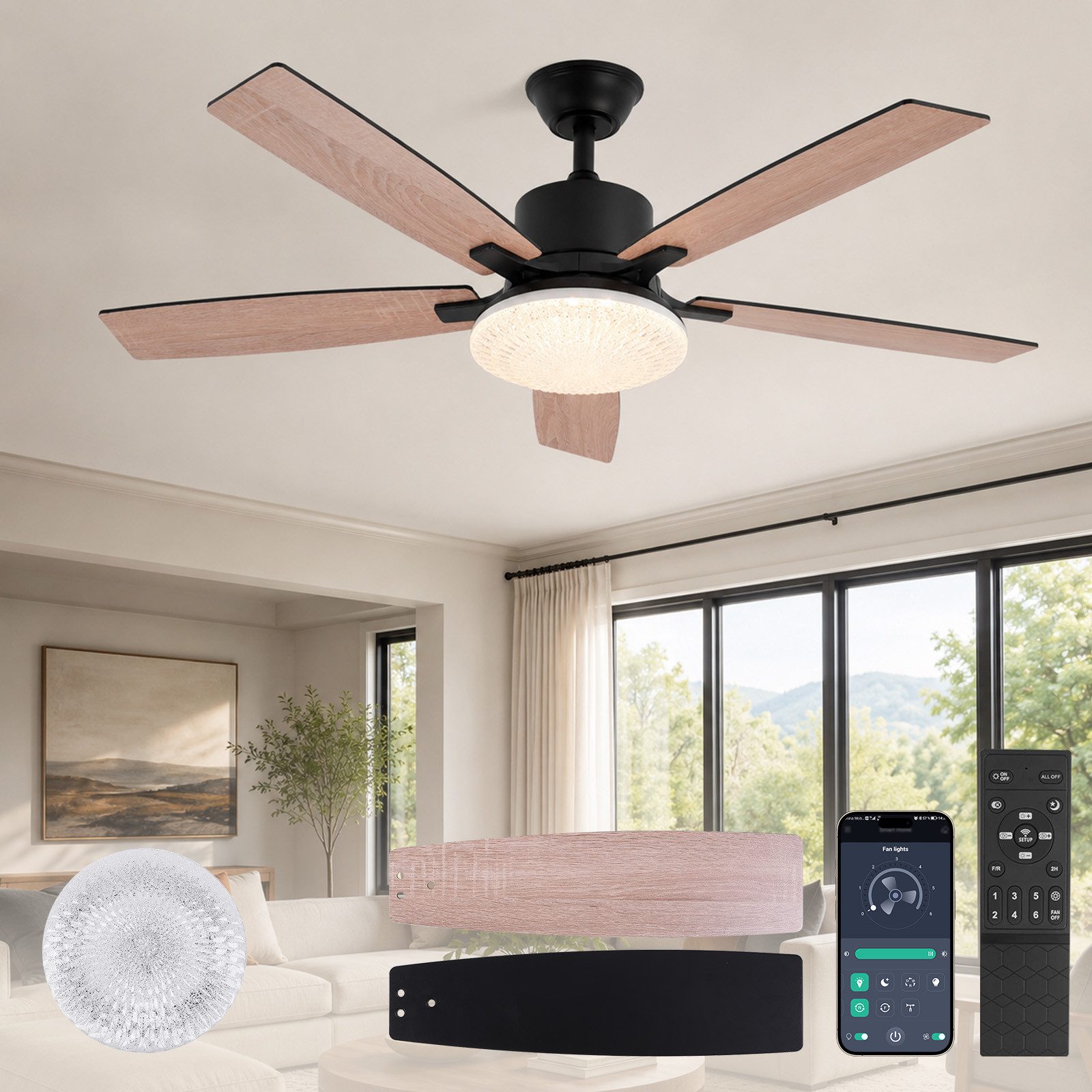 Sunicol Deckenventilator 132 cm Deckenventilator mitBeleuchtung und doppelseitigen Flügeln, Leiser DC-Motor 35 dB, dimmbar mit App, Fernbedienung, Timer