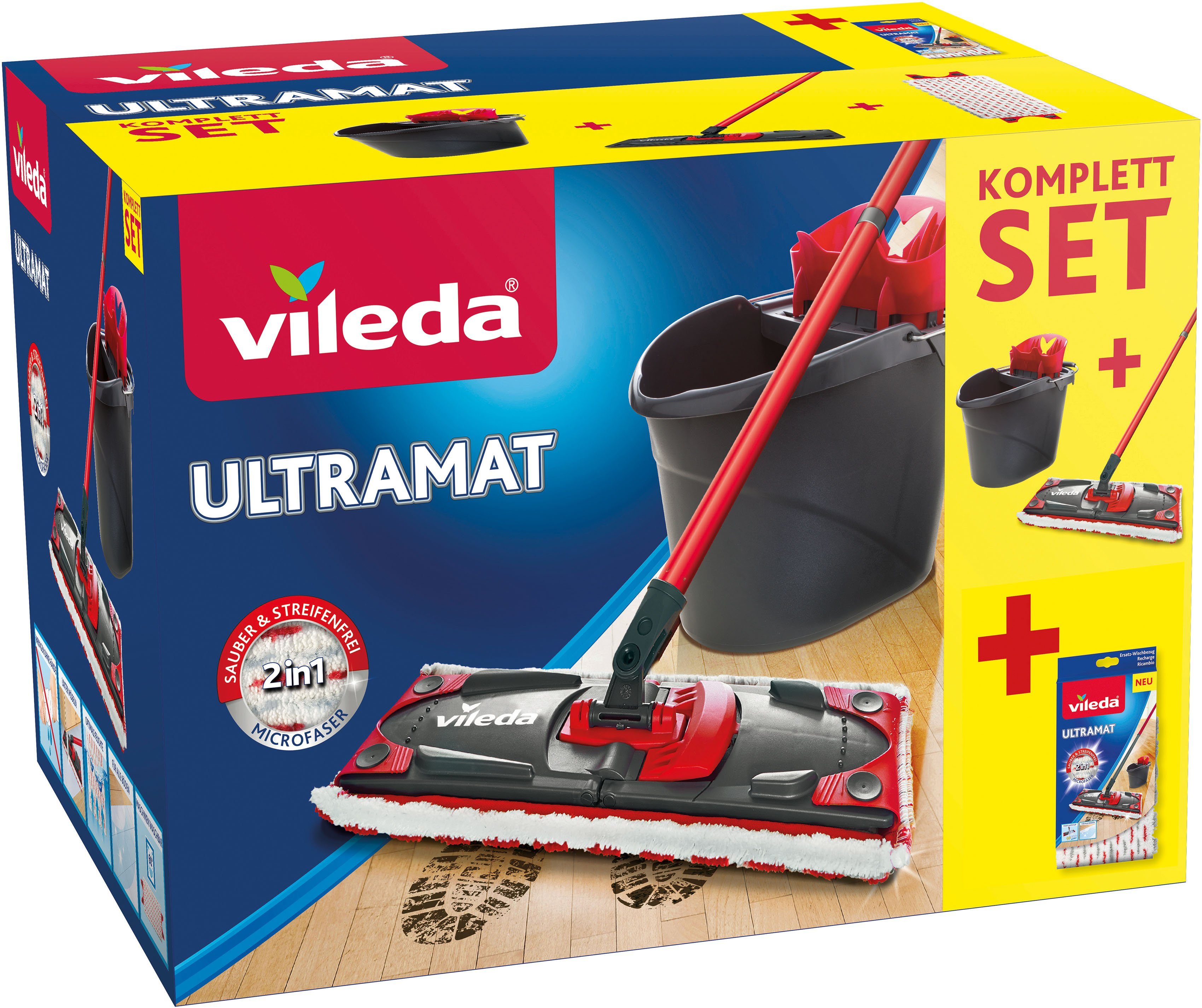 (3-teiliger Ultramax 2in1 Vileda Ultramax 3-St), Eimer) Mikrofaser-Bezug, (Set, Bodenwischer-Set Stiel,