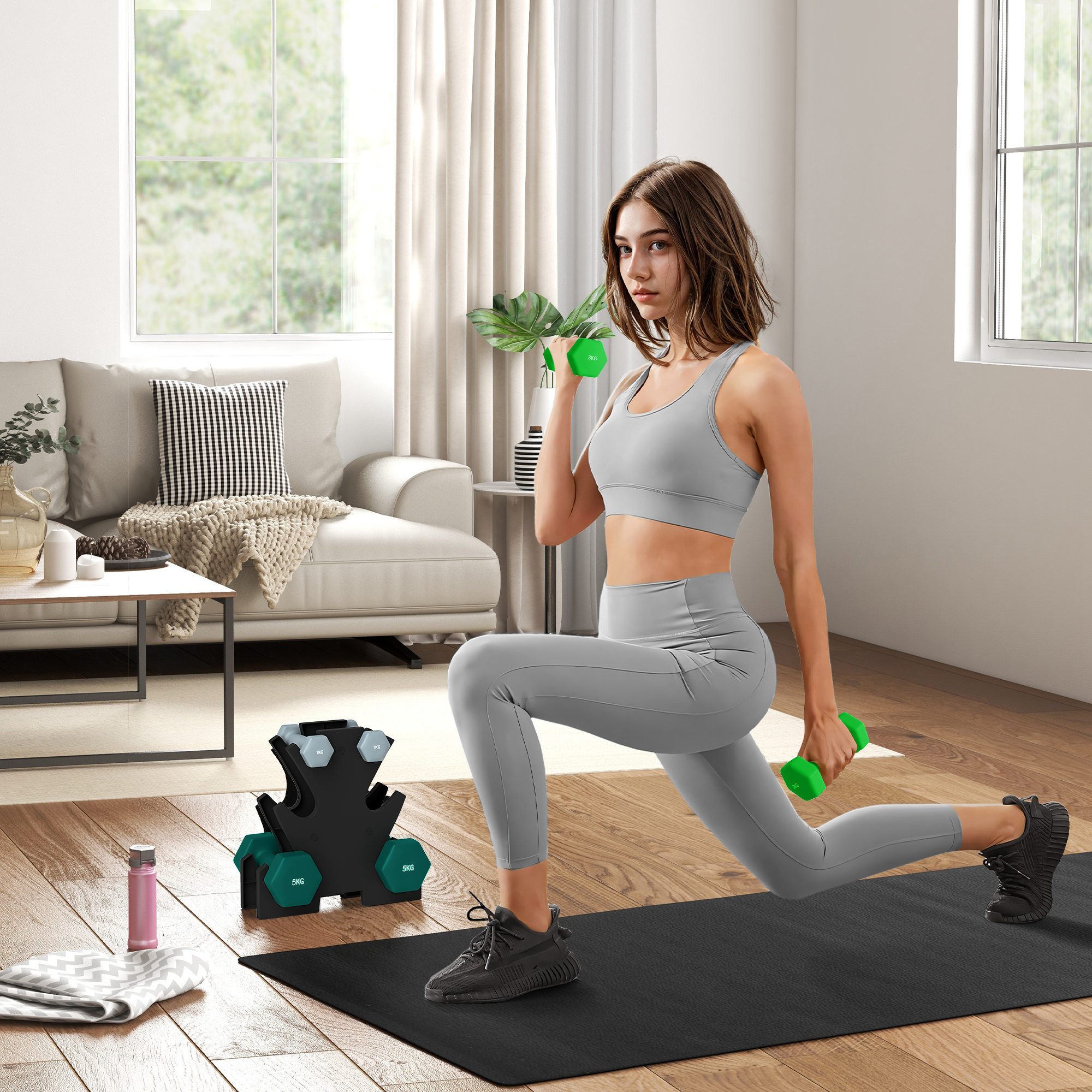 SPORTNOW Hantel 6 Kurzhanteln mit Hantelständer, 2 x 1kg, 2 x 3kg, 2 x 5kg, (Hexagon Kurzhantel-Set, Fitnessgeräte), aus Metall für Fitness, Gymnastik, Zuhause