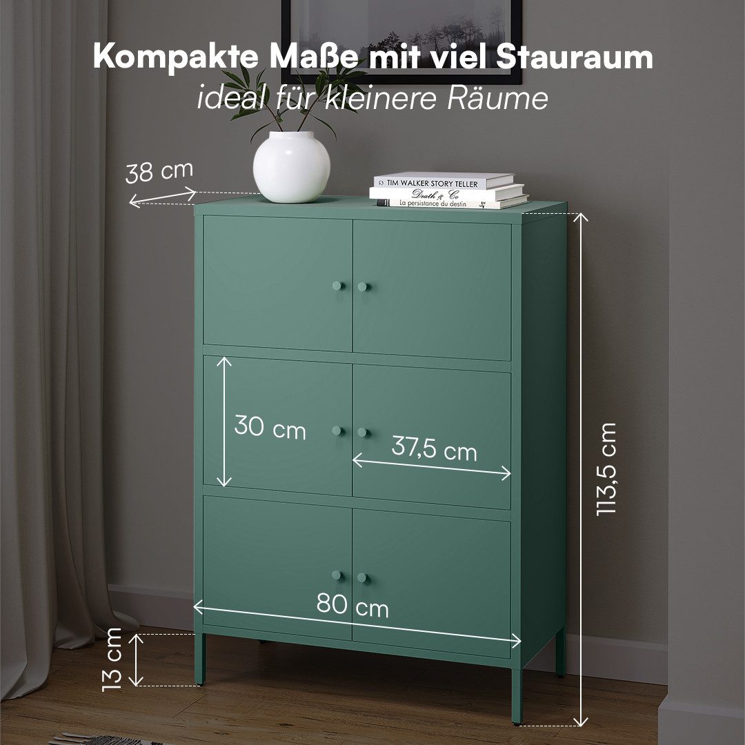skølm Kommode Atriona aus Metall (Dunkelgrün, 3 Fächer & 6 Türen), Metallschrank 113,5 x 80 x 38 cm, auch verfügbar mit 2 Fächern