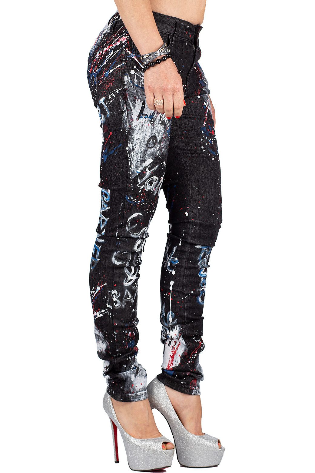 Cipo & Baxx Slim-fit-Jeans Damen Slim Fit Hose BA-WD389 mit Schriftzügen und Farbakzenten