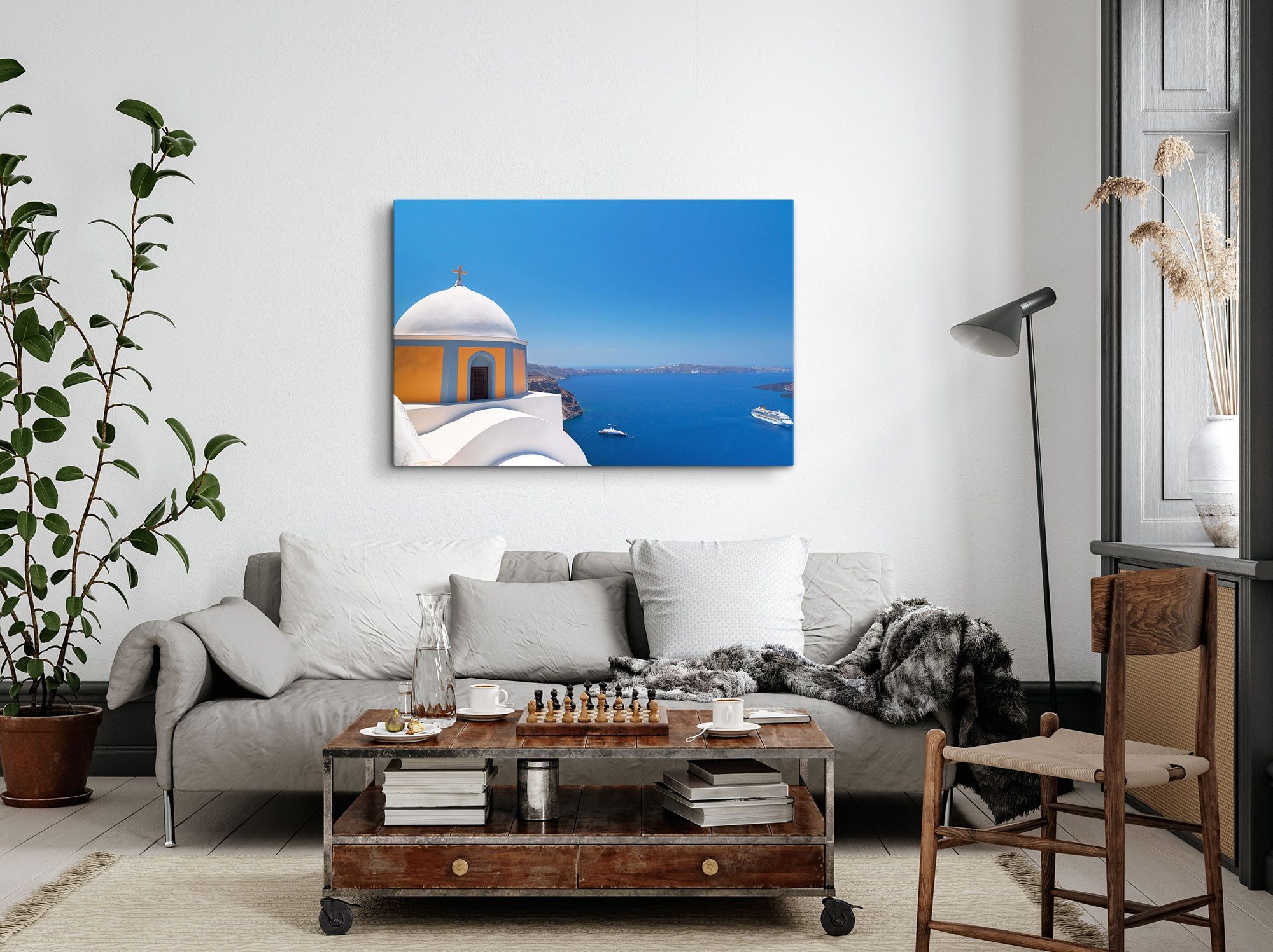 Sinus Art Leinwandbild 120x80cm Wandbild auf Leinwand Griechenland Mittelmeer Blau Santorini, (1 St)