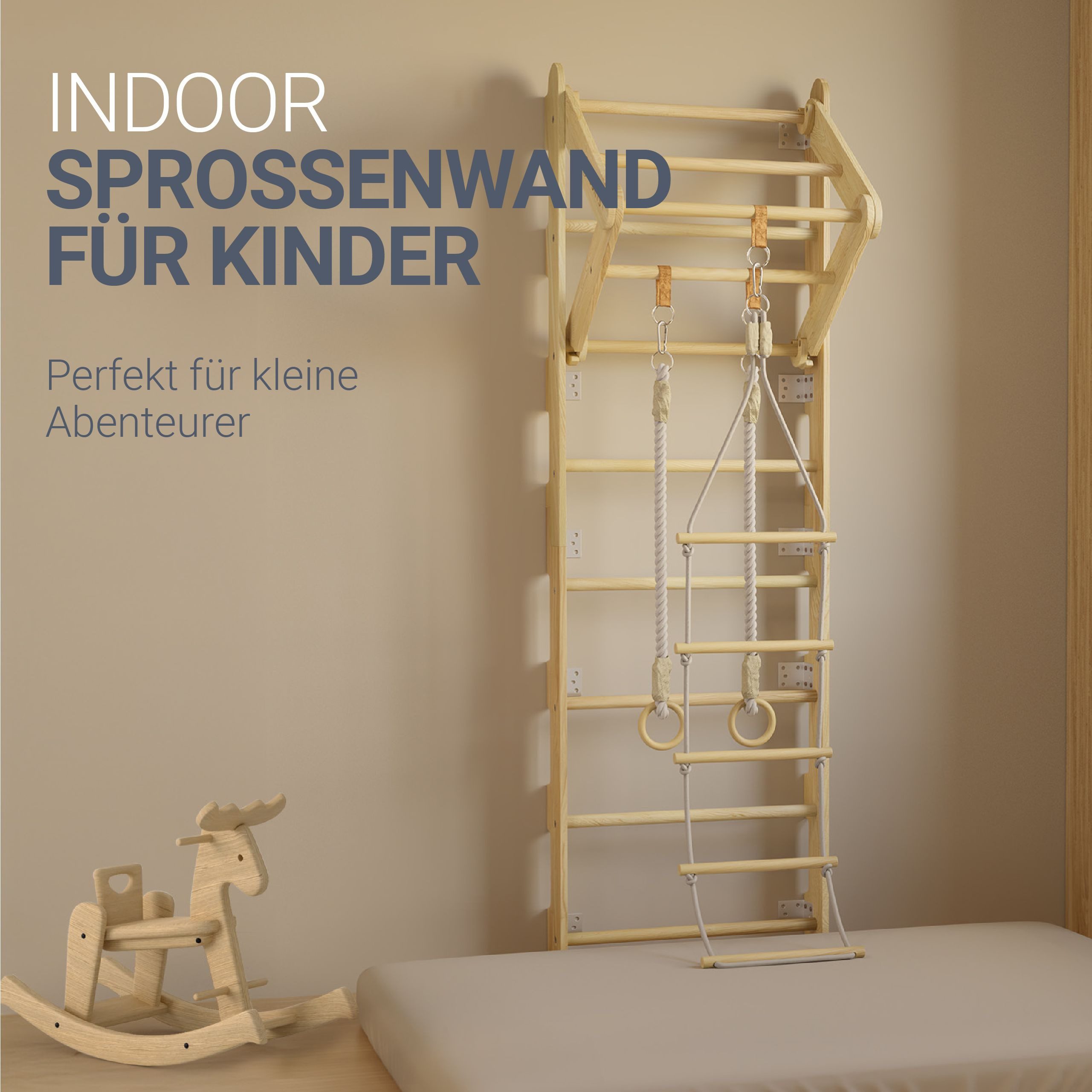 Juskys Sprossenwand, für Kinder, Kletterwand mit Strickseil, Turnringen und Klimmzugstange
