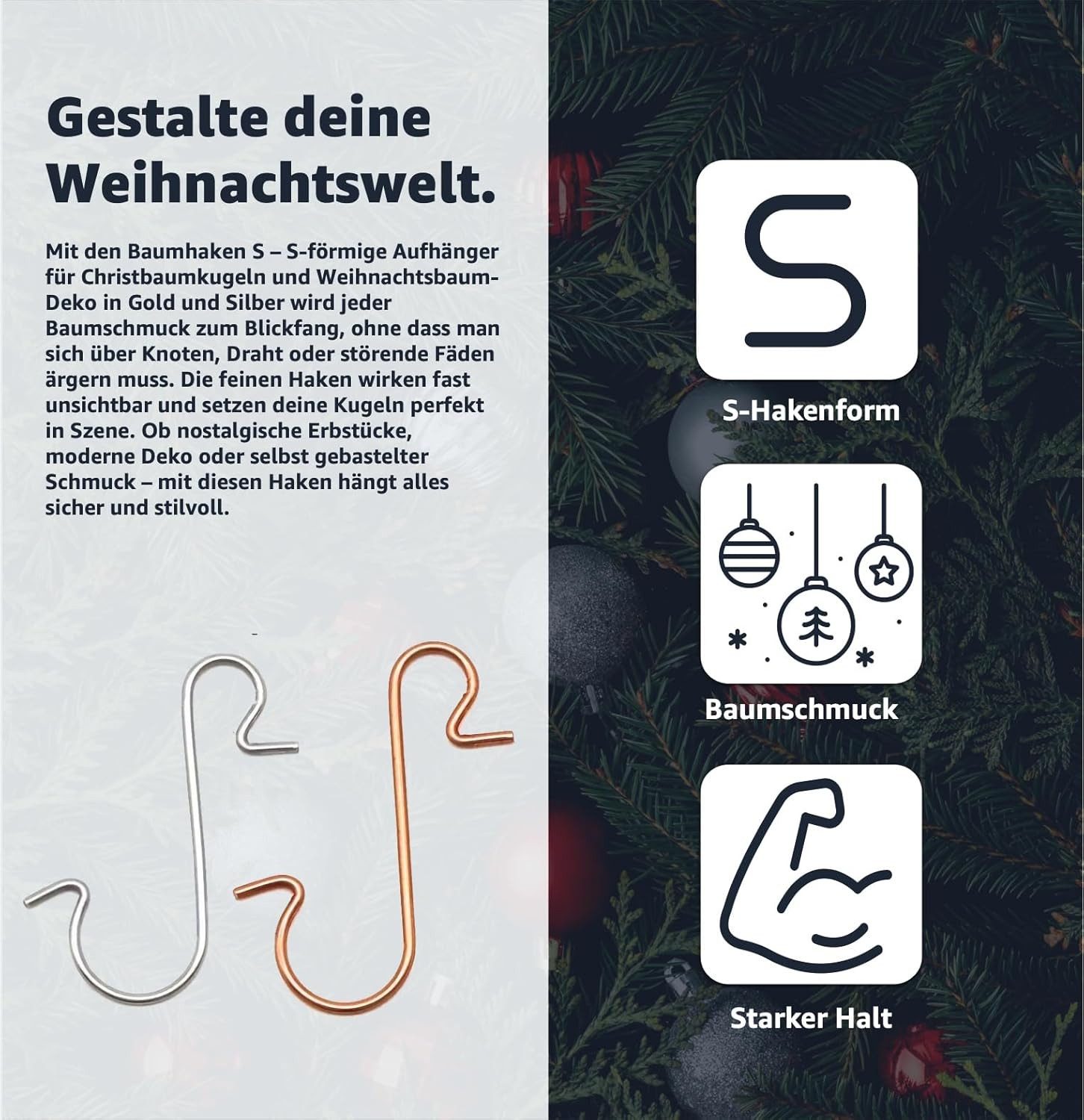 Weihnachtswunder® Christbaumschmuck 100x Haken Weihnachtsbaum Baumhaken Gold-Silber Kugelaufhänger S-Form (100-tlg), rostfrei
