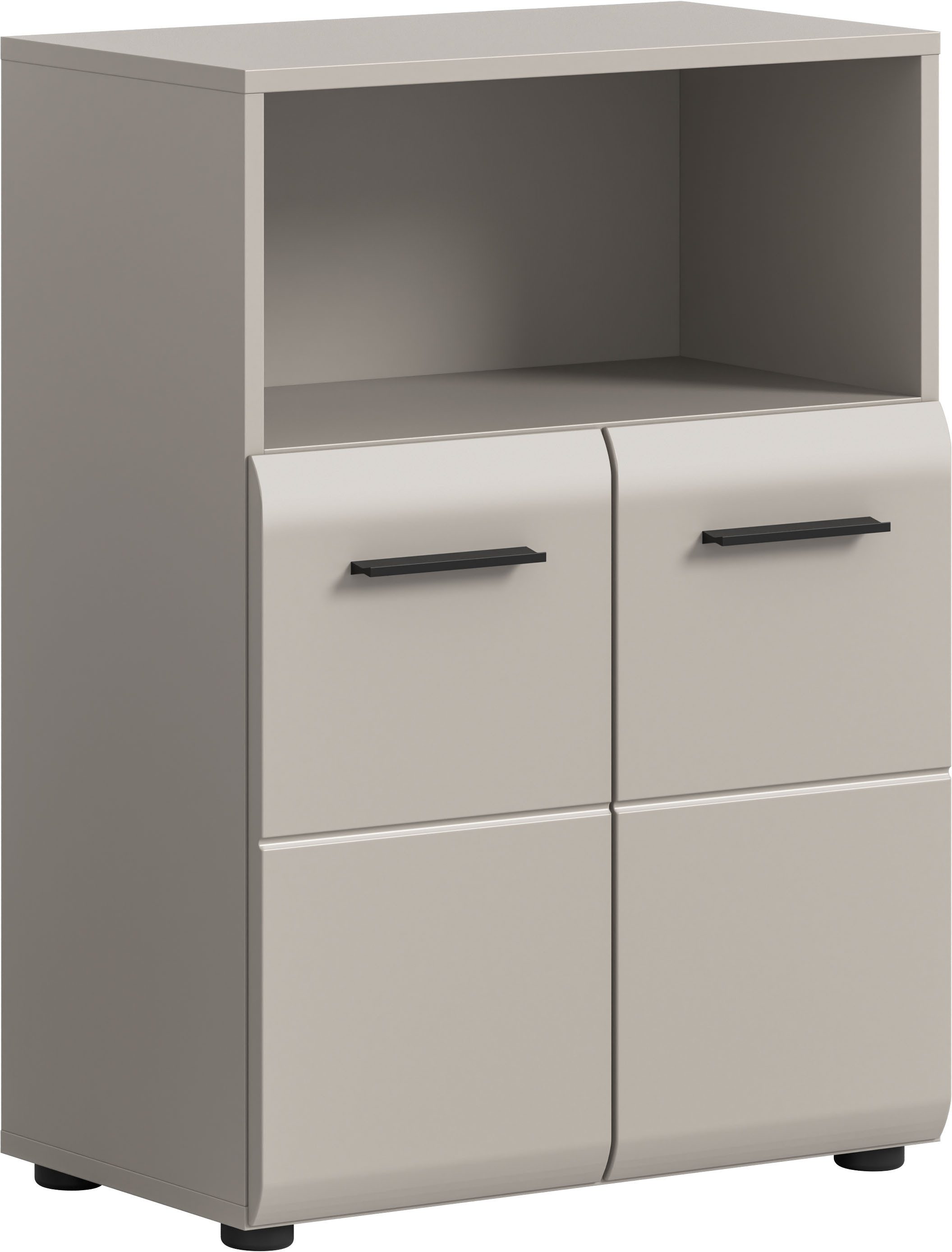 welltime Midischrank FLORENZ, Breite 60 cm, 2 Türen, 1 Fachboden, 1 offene Fach (1-St., TOPSELLER) hochwertige MDF Front, Griff schwarz, Badschrank, Bad