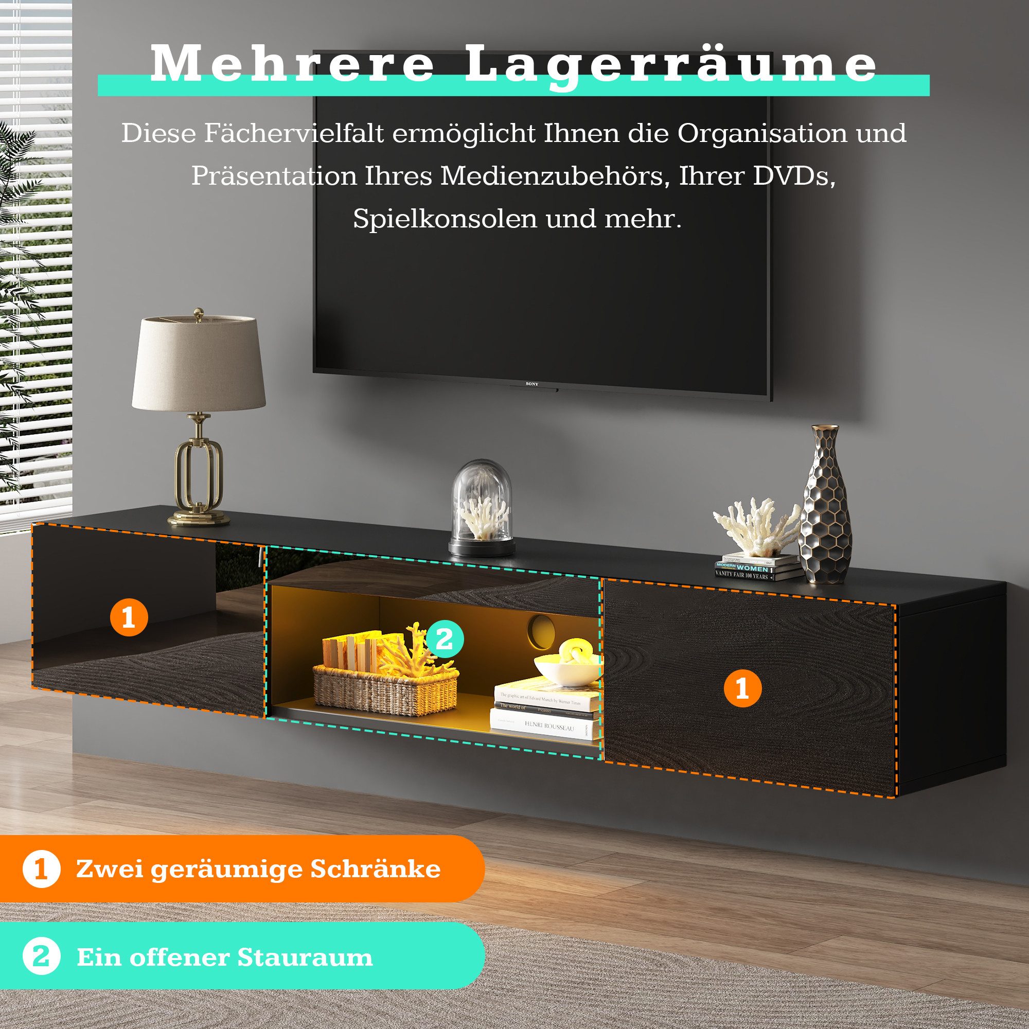 Merax Lowboard hängend mit Türen und offenes Fach, Fernsehtisch hochglanz,TV-Schrank mit LED,TV-Ständer,APP,B:160cm