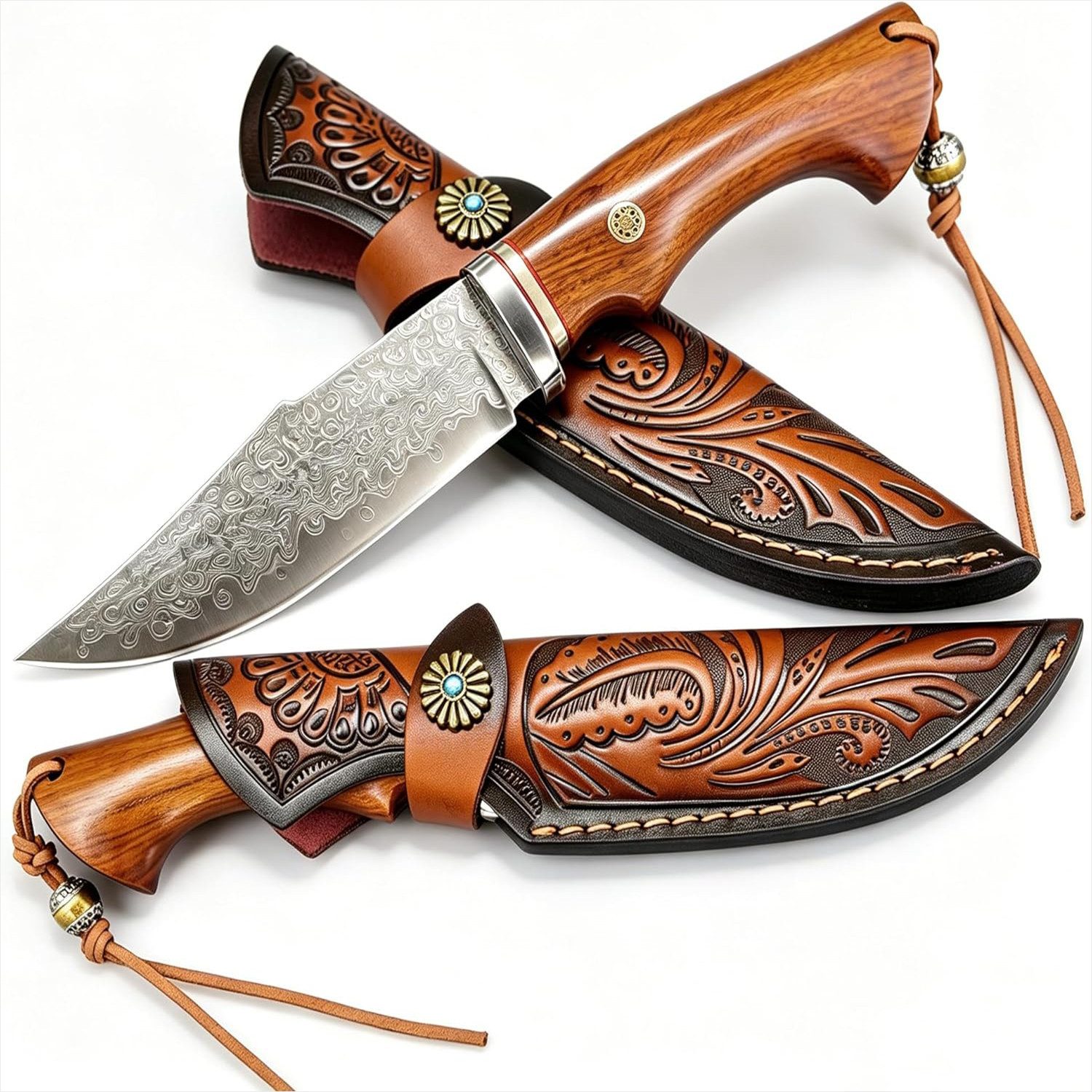 KingLux Damastmesser Damast Feststehend Jagdmesser Outdoor Camping Messer mit Lederscheide
