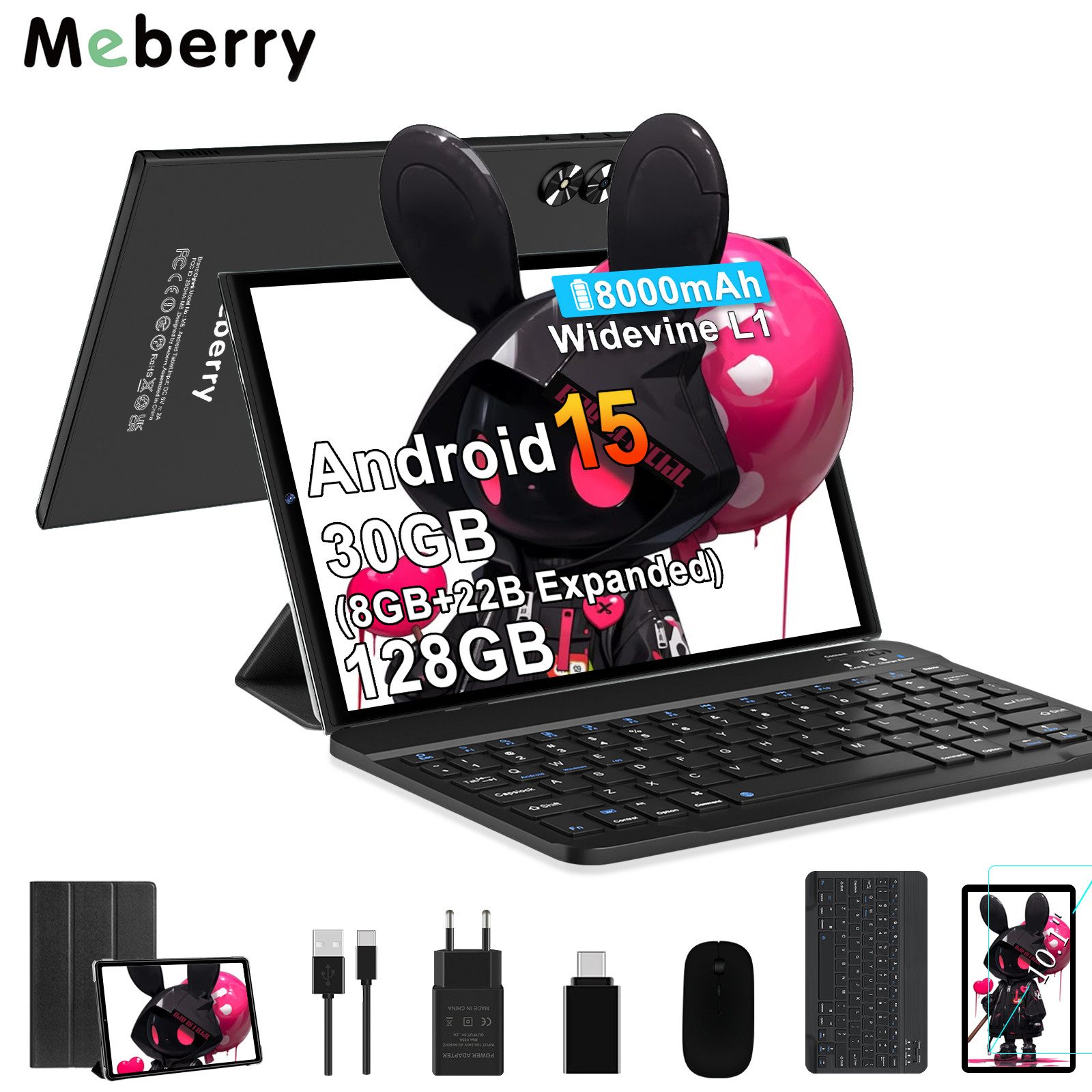 GOODTEL 2026 Tablet Android 15, WiFi, 30 GB RAM Tablet (10,1", 128 GB, Android 15, 8000 mAh, Widevine L1, mit Zubehör Tastatur, Maus)