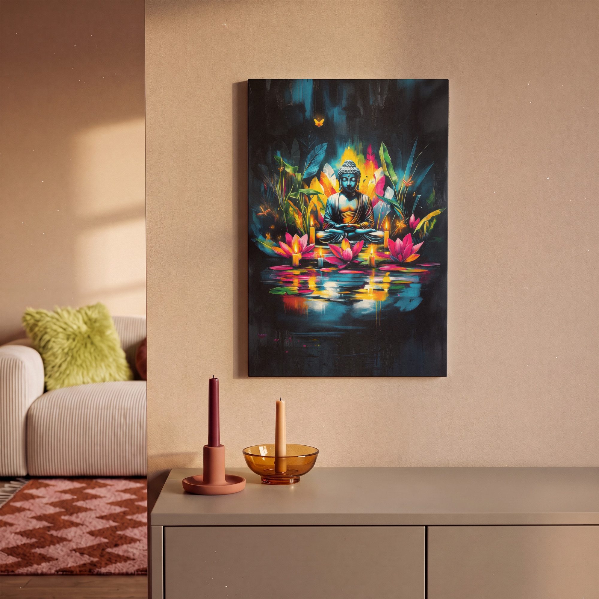 OneMillionCanvasses® Leinwandbild Kerzen - Blumen - Buddha - Wasser, Fotodruck (1 St), Leinwand Canvas Wandbild, Wanddekoration 20x30 cm – Bild 2 von 5
