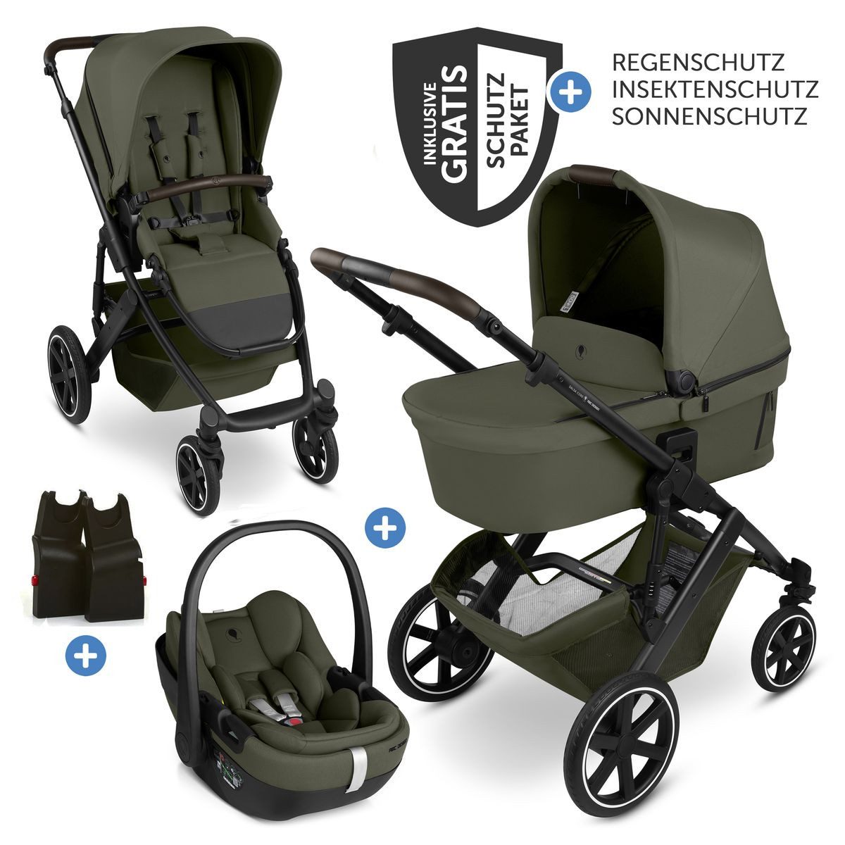 ABC Design Kombi-Kinderwagen Salsa Core Set - Olive, 3 in1 Kinderwagen Buggy mit Babywanne, Babyschale, Sportsitz & Zubehör