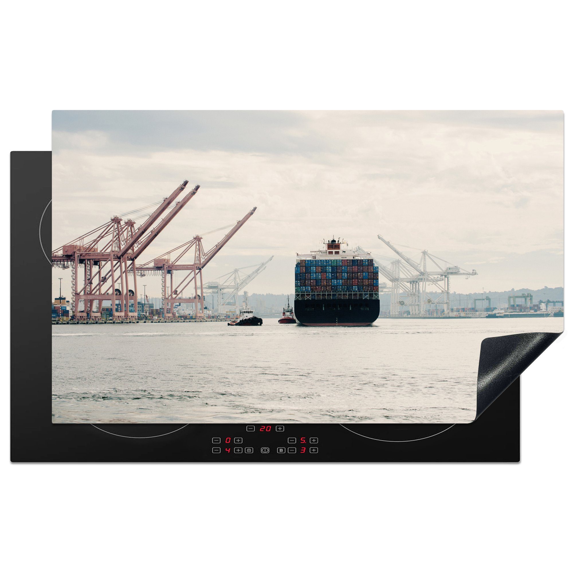 MuchoWow Herdblende-/Abdeckplatte Schlepper schleppt Containerschiff ein, Vinyl, (1 tlg), 83x51 cm, Ceranfeldabdeckung, Arbeitsplatte für küche