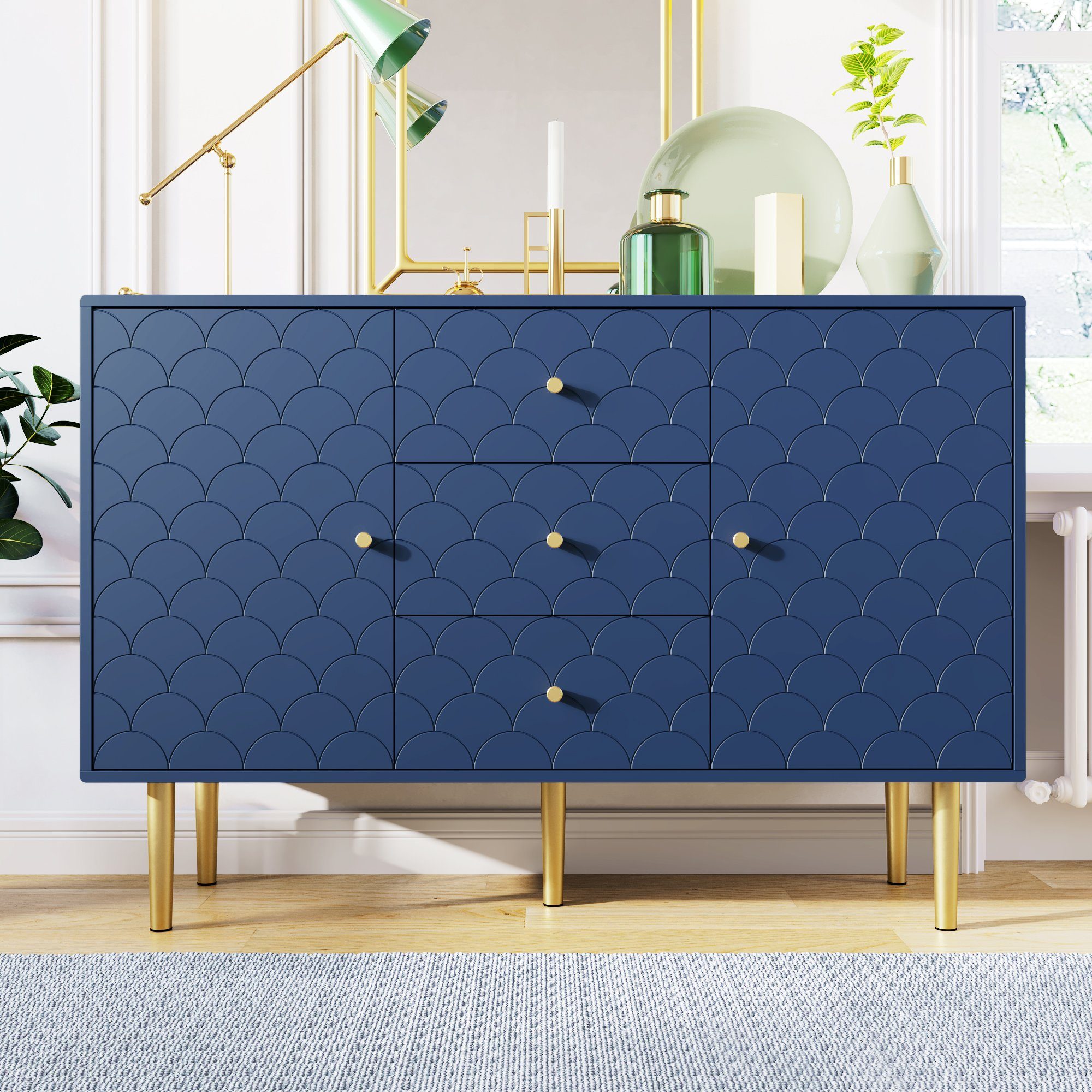 Kommode (1 St., Sideboard Schubladenschrank mit 3 Schubladen und 2 Türen), Fischschuppenmuster, Metallbeine, Verstellbare Ablage, 120*40*82 cm